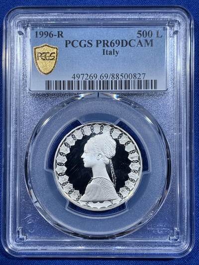 《竞宝斋》第418场 周日，周一，2场连拍 （全场包邮） - PCGS PR69DCAM 意大利1996年哥伦布帆船与少女500里拉精制纪念银币（镜面光洁无暇，3枚并列亚军分，冠军分仅一枚，全球发行量仅8千枚）