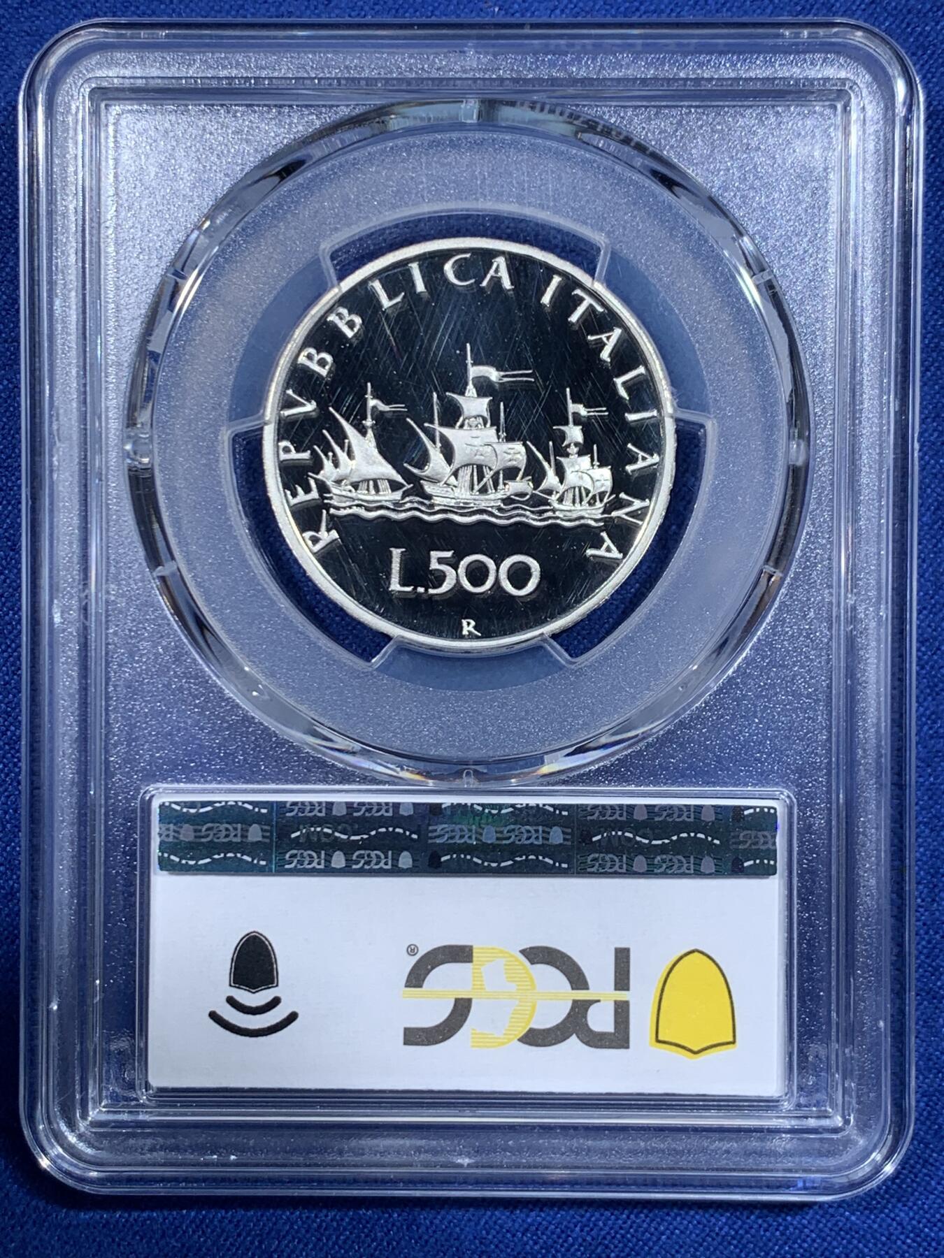 《竞宝斋》第418场 周日，周一，2场连拍 （全场包邮） PCGS PR69DCAM 意大利1996年哥伦布帆船与少女500里拉精制纪念银币（镜面光洁无暇，3枚并列亚军分，冠军分仅一枚，全球发行量仅8千枚）