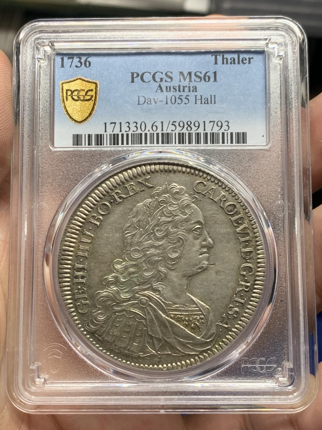 《竞宝斋》第418场 周日，周一，2场连拍 （全场包邮） PCGS MS61 神圣罗马帝国-奥地利1736年卡尔六世1泰勒大银币 深打光亮 确实有低评了 状态见图