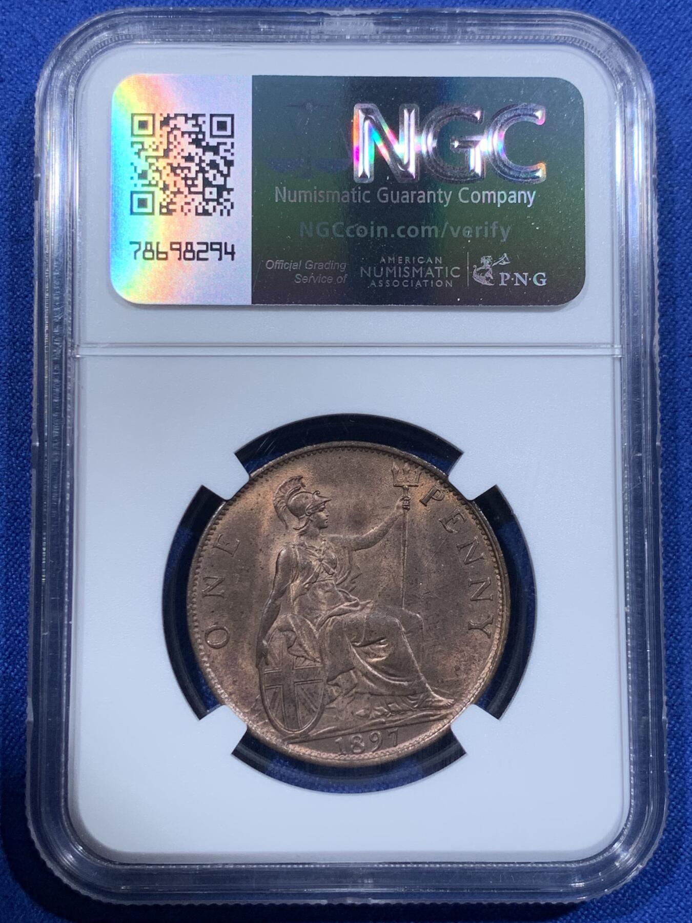 《竞宝斋》第418场 周日，周一，2场连拍 （全场包邮） NGC MS64RB 英国1897年维多利亚披纱1便士低海版，车轮光超级状态