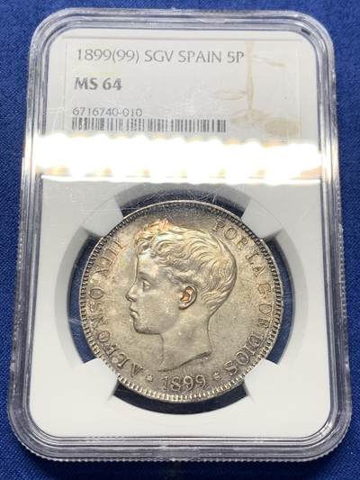 《竞宝斋》第418场 周日，周一，2场连拍 （全场包邮） - NGC MS64 西班牙1899年阿方索十三世小孩头5比塞塔双柱银币 包浆温润 双面同时拥有重彩和鲜艳光泽 值得入藏的品相。