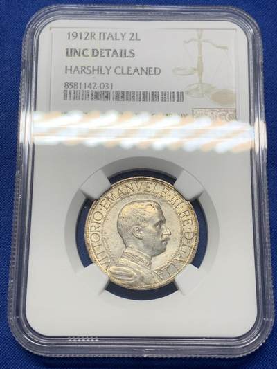 《竞宝斋》第418场 周日，周一，2场连拍 （全场包邮） - NGC UNC 意大利1912年马车2里拉银币