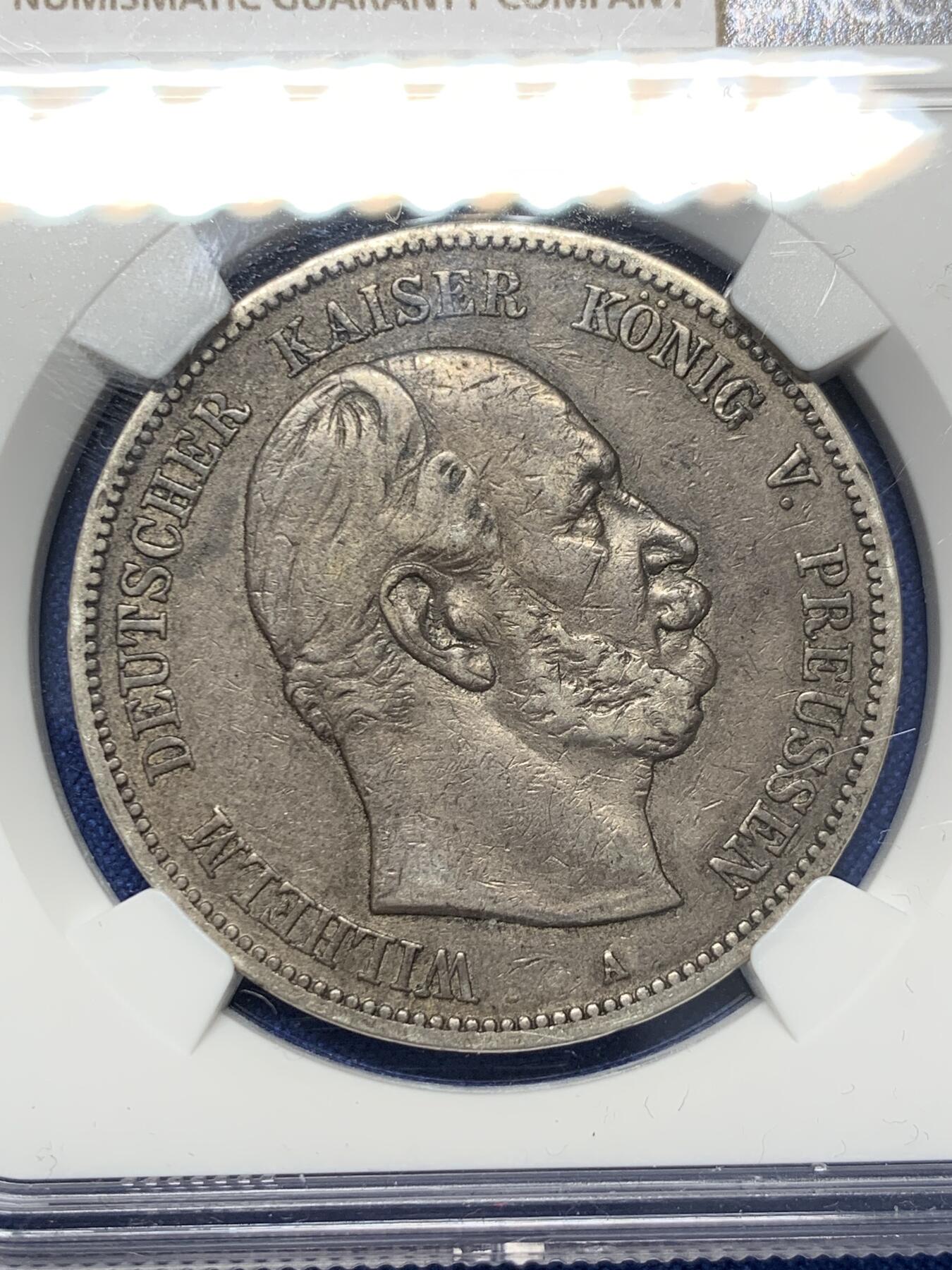 《竞宝斋》第418场 周日，周一，2场连拍 （全场包邮） NGC XF45 德国 1874 A 普鲁士 威廉一世 5马克 原味包浆 看着很舒服