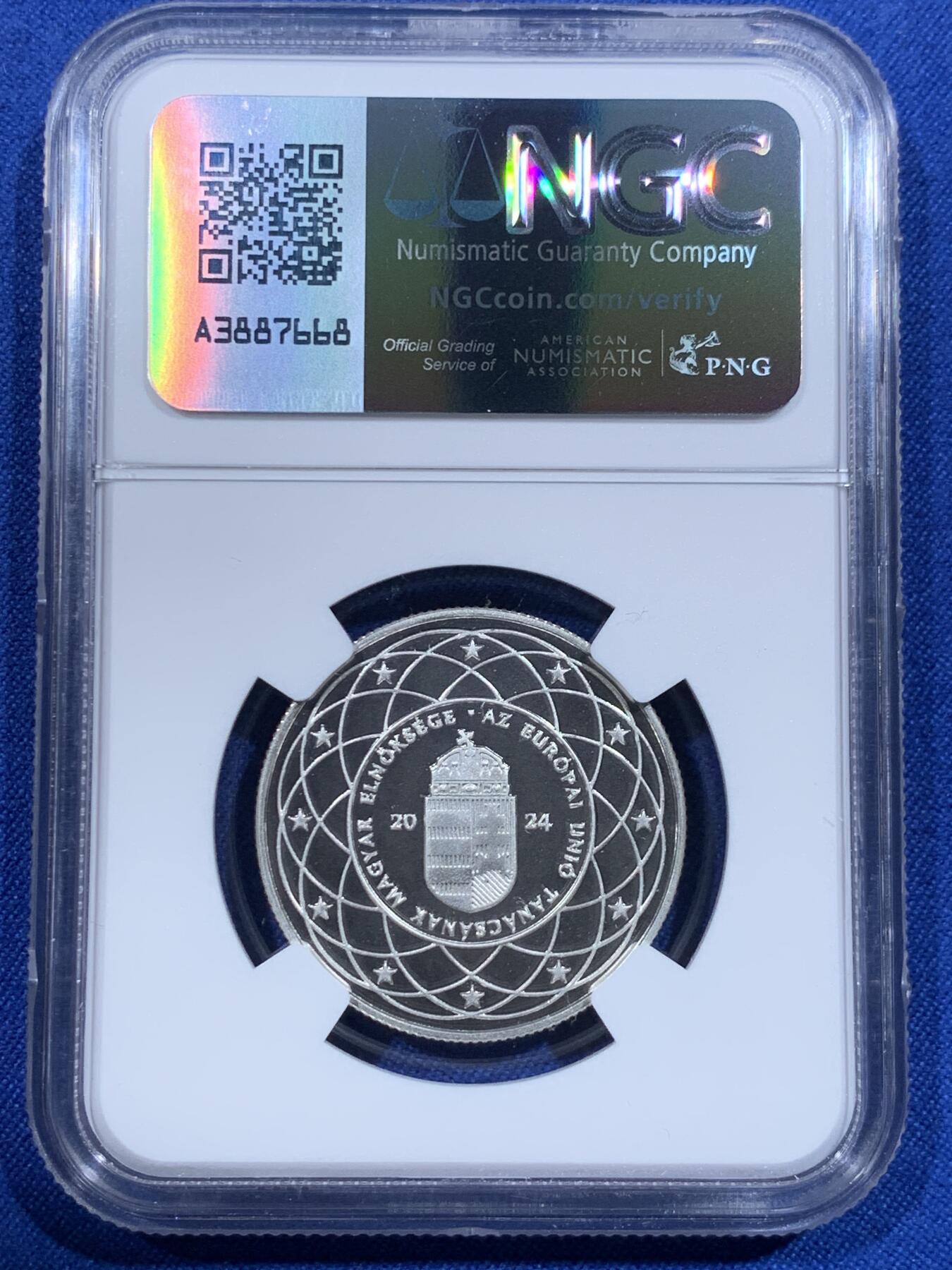 《竞宝斋》第418场 周日，周一，2场连拍 （全场包邮） NGC PF69CAMEO 匈牙利2024年欧盟7500福林精制纪念银币（克重18克，925银，36MM币径，发行量5000枚）