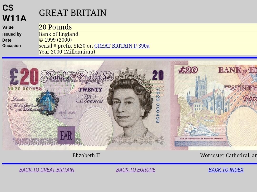 PThappally收藏第52次拍卖，英联邦地区硬币纸币 英国 年份 1999-2000, 20 英镑 全新的 纪念钞 纸币, 克劳斯目录编号: CSW11A, 签名: Merlyn, 特殊: YR20 000807 认证于: TQG 64 UNC