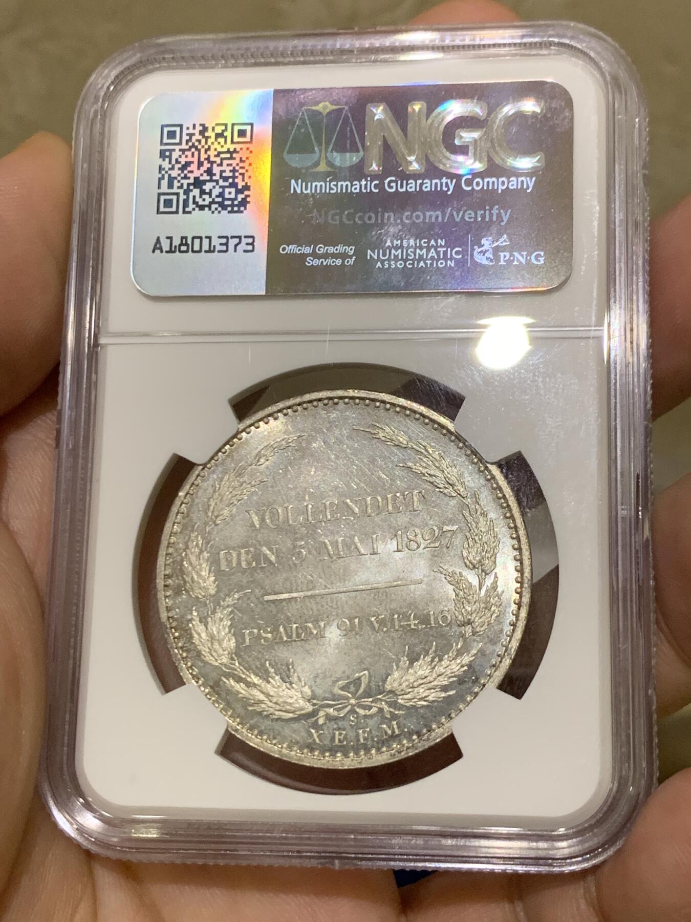 《竞宝斋》第418场 周日，周一，2场连拍 （全场包邮） 更高分仅2枚 NGC MS64 德国 1827年 德国萨克森国王之死 纪念泰勒大银币 PL底板 观感极好