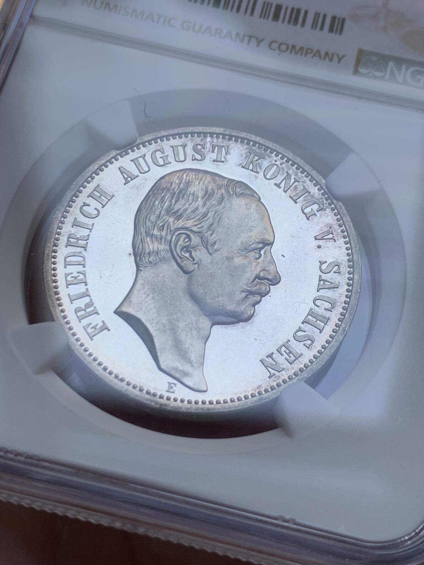 《竞宝斋》第418场 周日，周一，2场连拍 （全场包邮） 唯一冠军分 NGC PF65CAMEO 德国 1912 萨克森 精制3马克银币 美丽无以复加