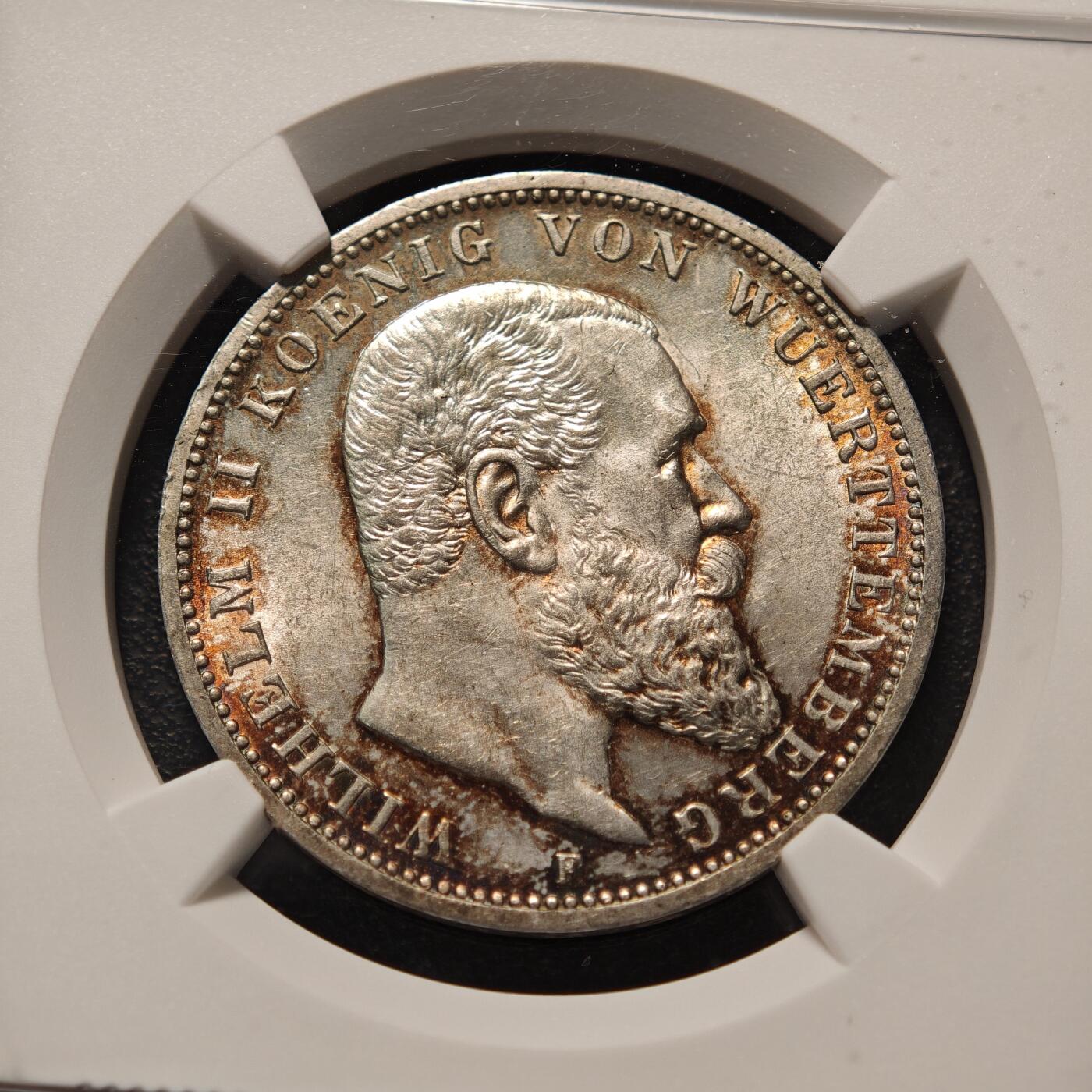 【德藏】世界币章拍卖第146期（拍品征集中~欢迎藏友联系） 1914年 德国符腾堡3马克银币 NGC MS62 环彩包浆