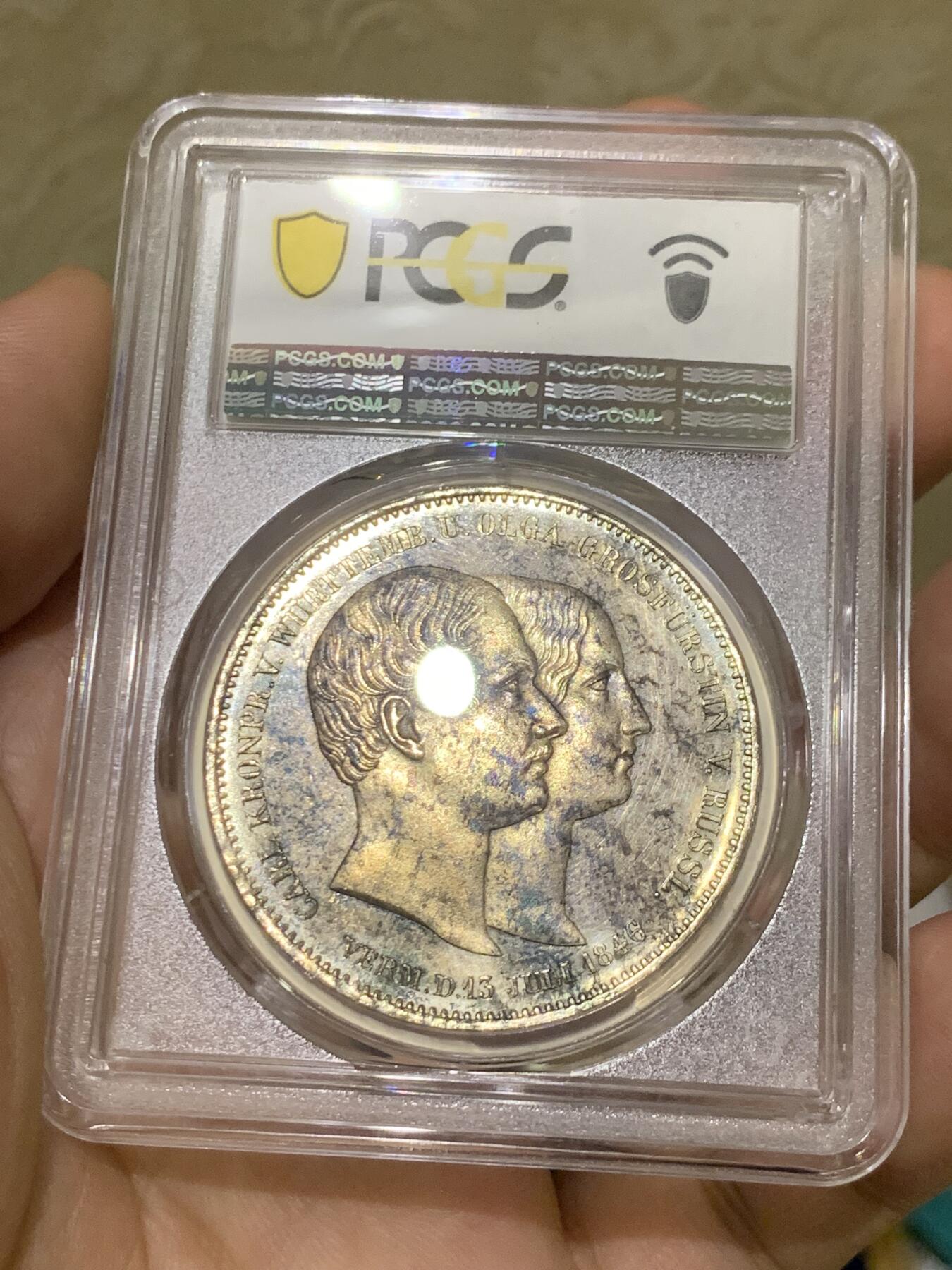 《竞宝斋》第418场 周日，周一，2场连拍 （全场包邮） 唯一亚军分 PCGS MS62PL 德国 1846 符腾堡  结婚纪念 2泰勒银币 首见PL标签  总发行量5808枚 能上PL的更是稀少