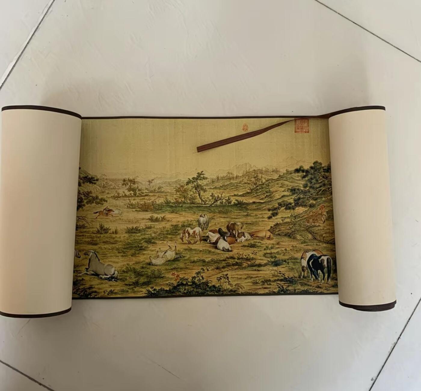 古玩杂相专场（2） 郎世宁百骏图卷轴手卷 23*210cm