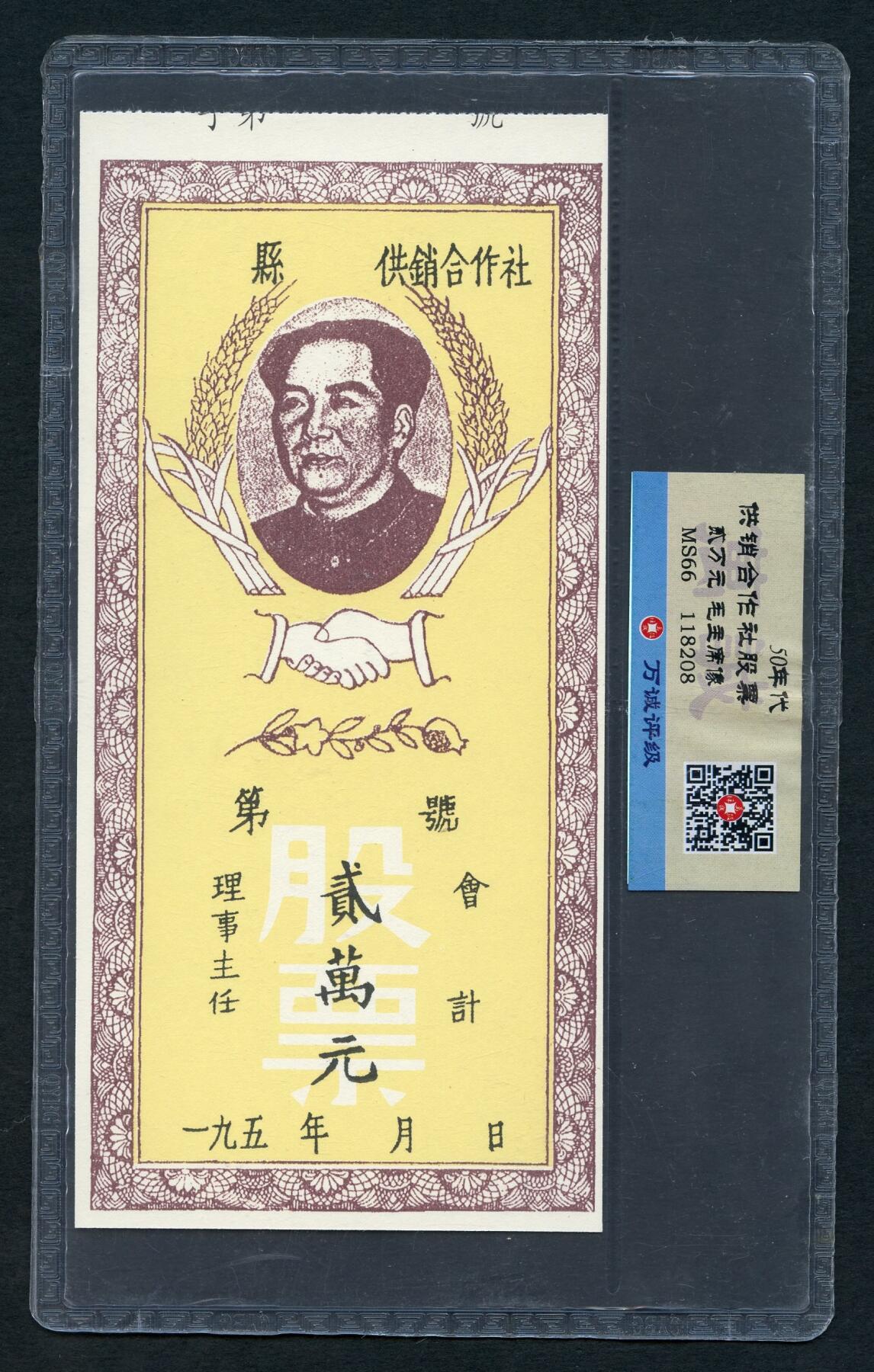 沧河堂028 供销合作社股票 二万元 毛像