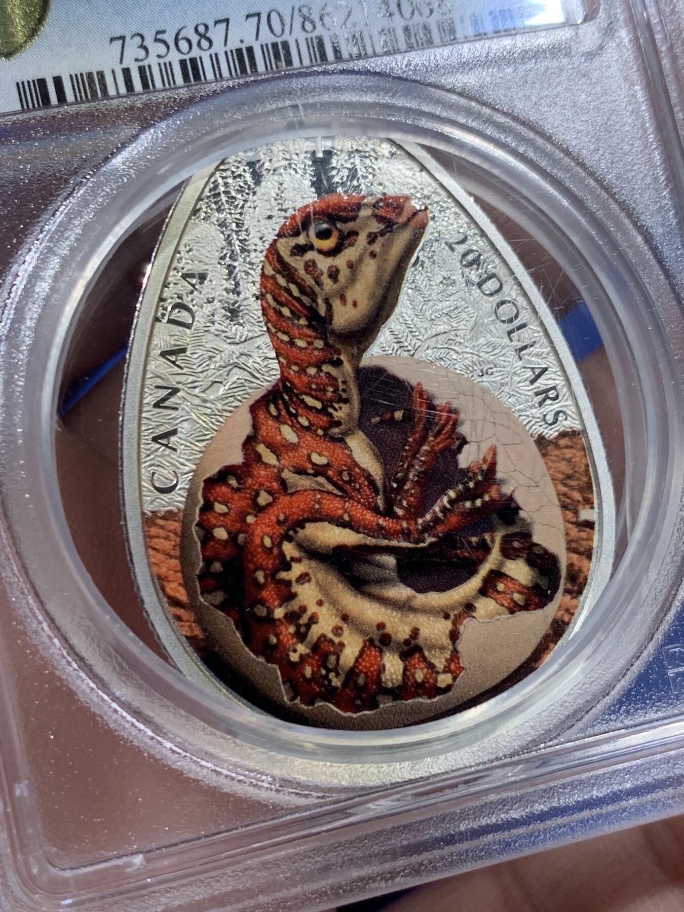 《竞宝斋》第418场 周日，周一，2场连拍 （全场包邮） PCGS PR70DCAM 加拿大2019年伊丽莎白二世-鸭嘴龙20元银币 9999银 31.82克 45×33毫米 加厚盒