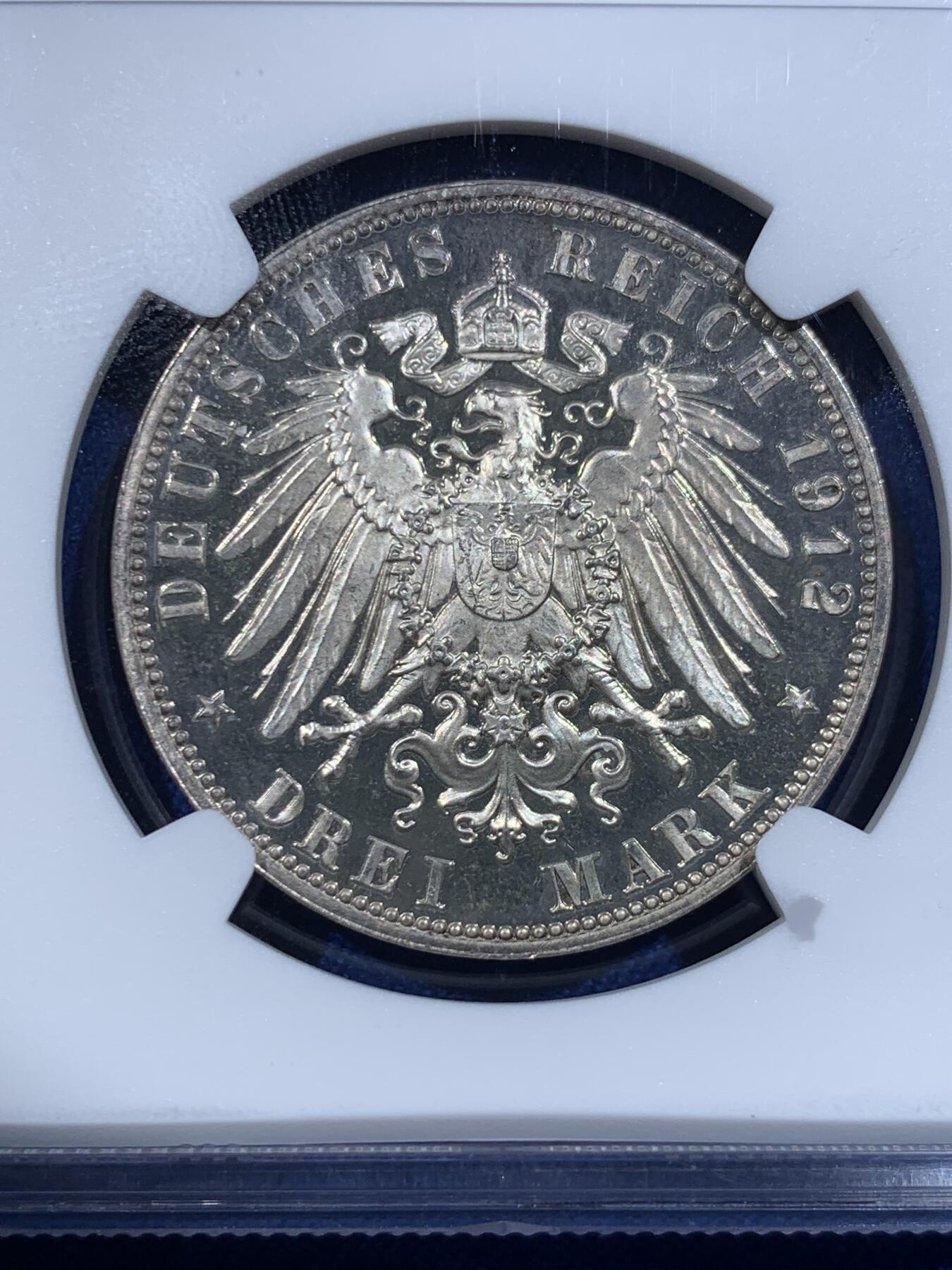 《竞宝斋》第418场 周日，周一，2场连拍 （全场包邮） 唯一冠军分 NGC PF65CAMEO 德国 1912 萨克森 精制3马克银币 美丽无以复加