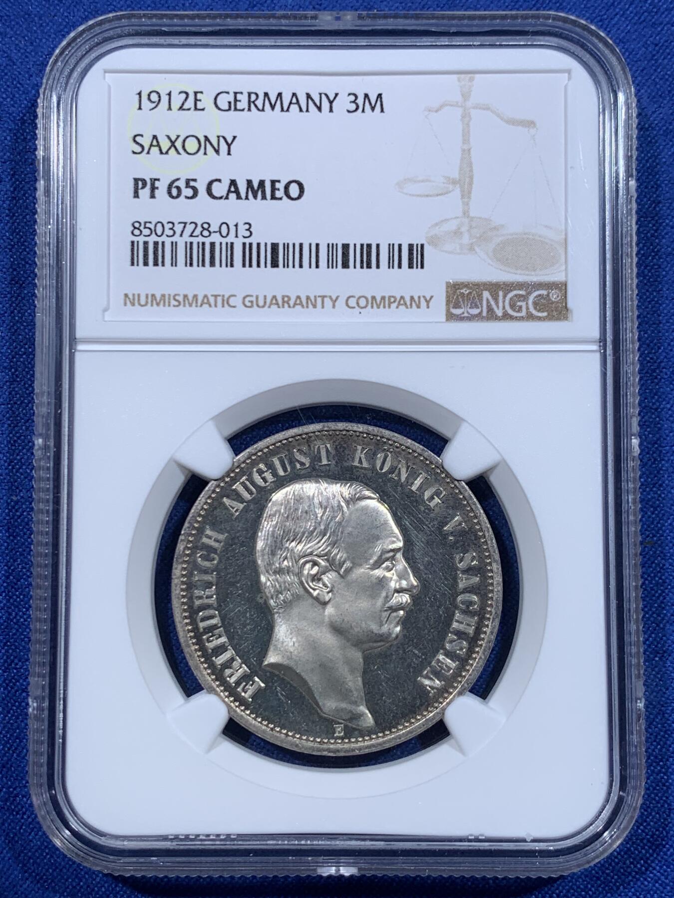 《竞宝斋》第418场 周日，周一，2场连拍 （全场包邮） 唯一冠军分 NGC PF65CAMEO 德国 1912 萨克森 精制3马克银币 美丽无以复加