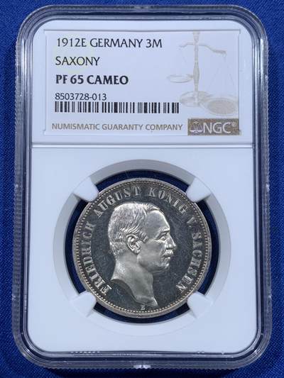 《竞宝斋》第418场 周日，周一，2场连拍 （全场包邮） - 唯一冠军分 NGC PF65CAMEO 德国 1912 萨克森 精制3马克银币 美丽无以复加