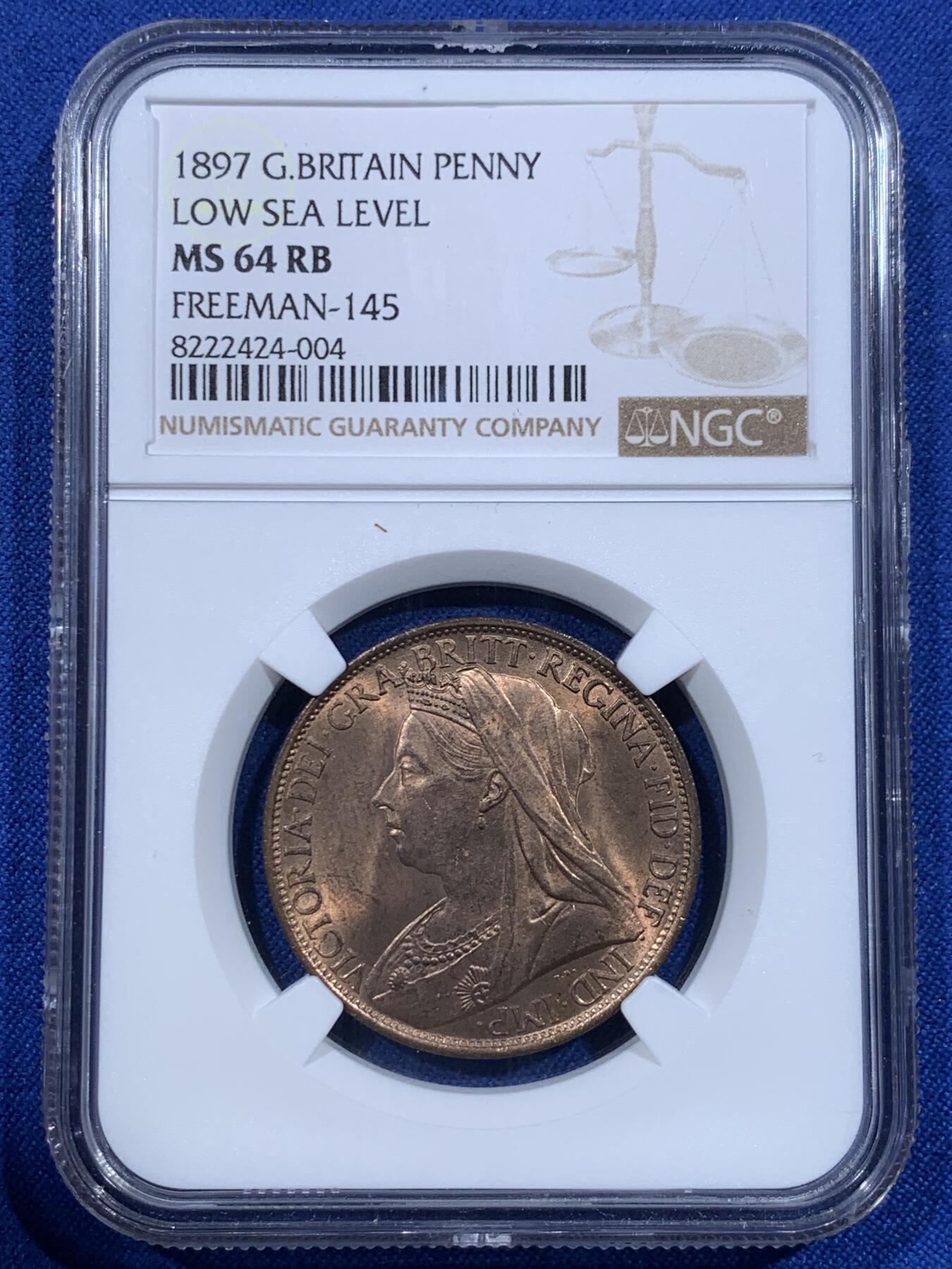 《竞宝斋》第418场 周日，周一，2场连拍 （全场包邮） NGC MS64RB 英国1897年维多利亚披纱1便士低海版，车轮光超级状态