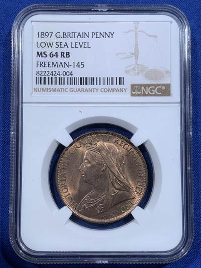 《竞宝斋》第418场 周日，周一，2场连拍 （全场包邮） - NGC MS64RB 英国1897年维多利亚披纱1便士低海版，车轮光超级状态
