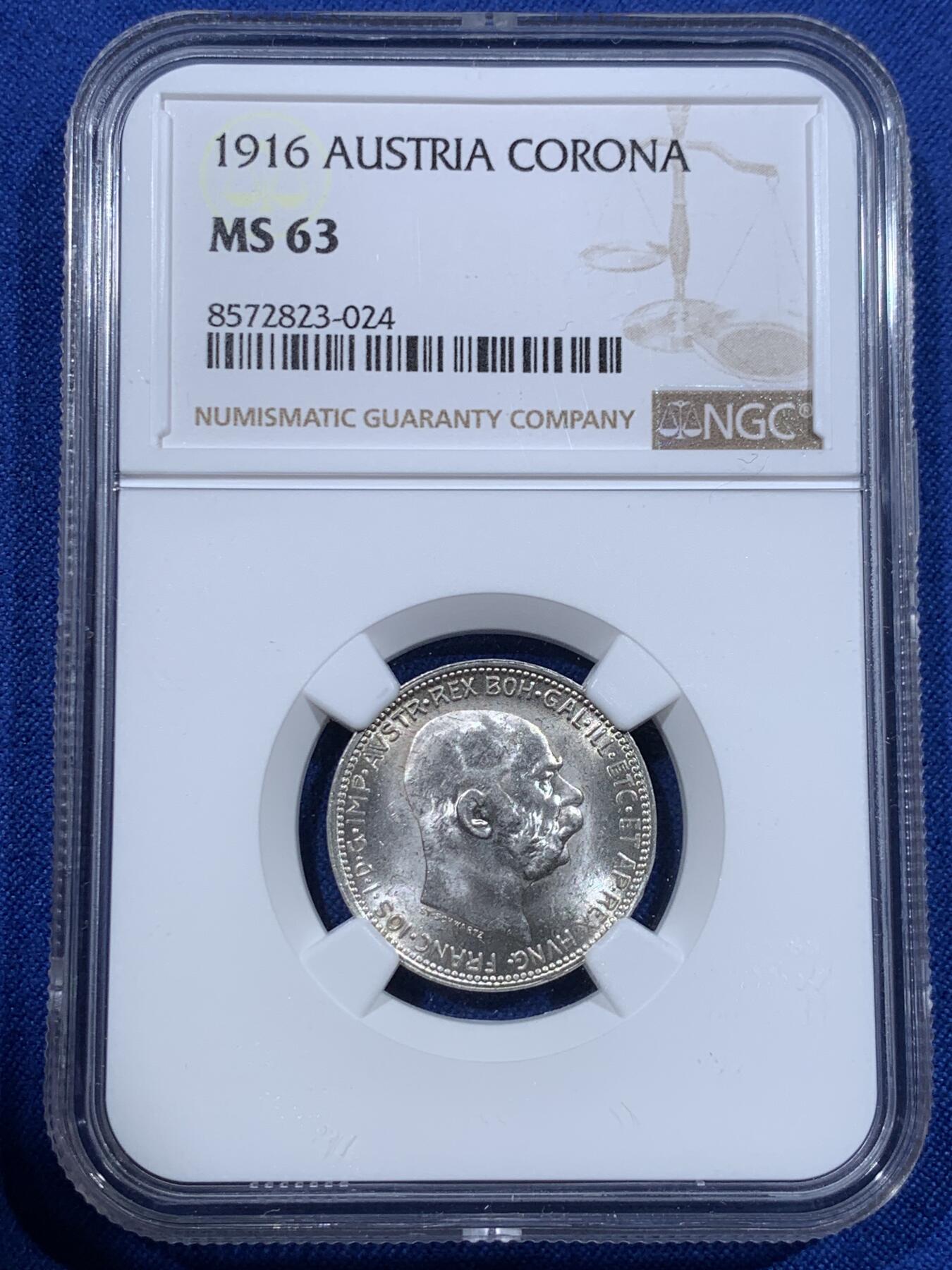 《竞宝斋》第418场 周日，周一，2场连拍 （全场包邮） NGC MS63 奥地利1916年1克朗银币