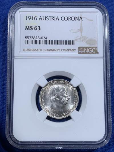 《竞宝斋》第418场 周日，周一，2场连拍 （全场包邮） - NGC MS63 奥地利1916年1克朗银币