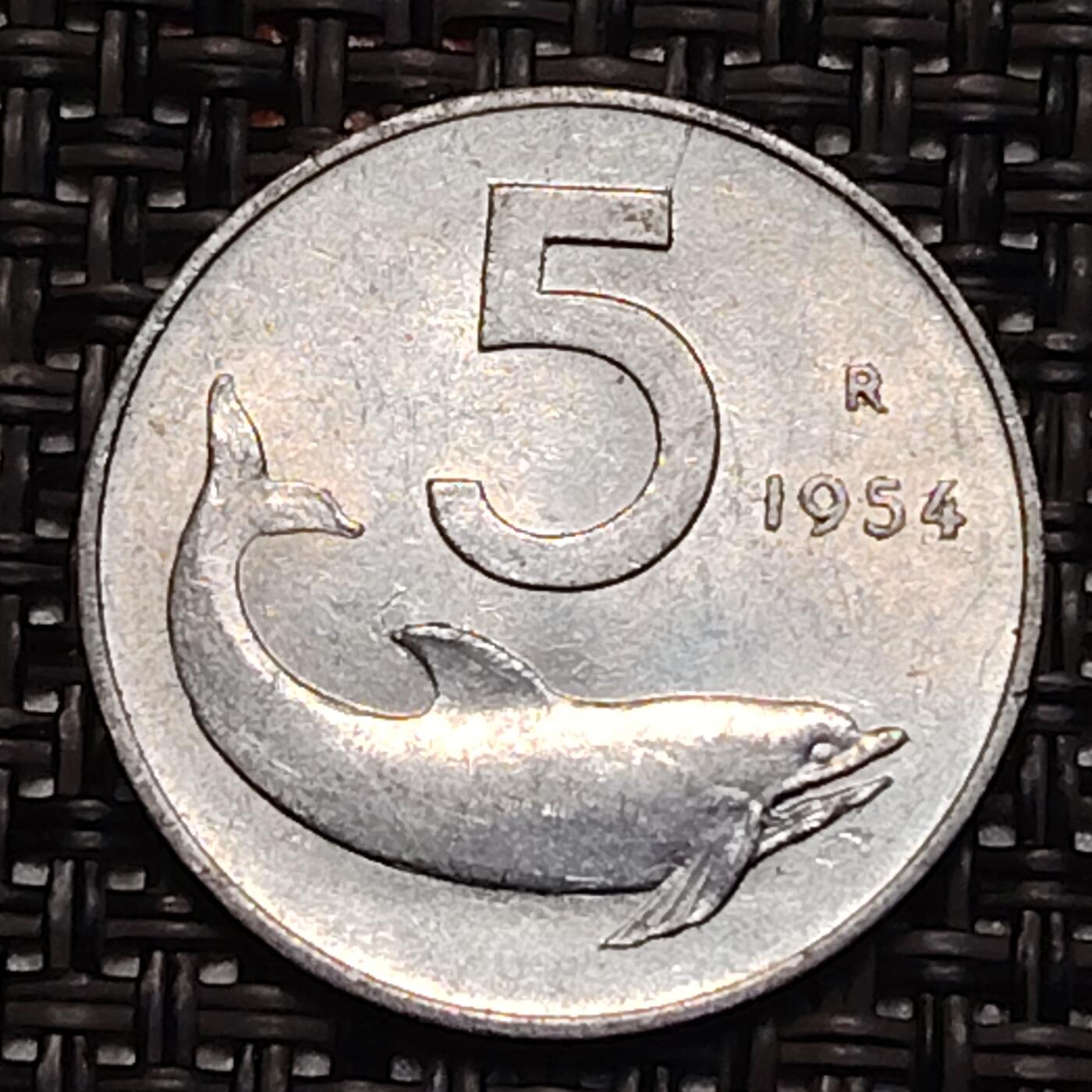 布加迪🐬～世界钱币(上海)🌾第 243 期 /  各国套币和散币 意大利🇮🇹 1954年 5里拉铝币 