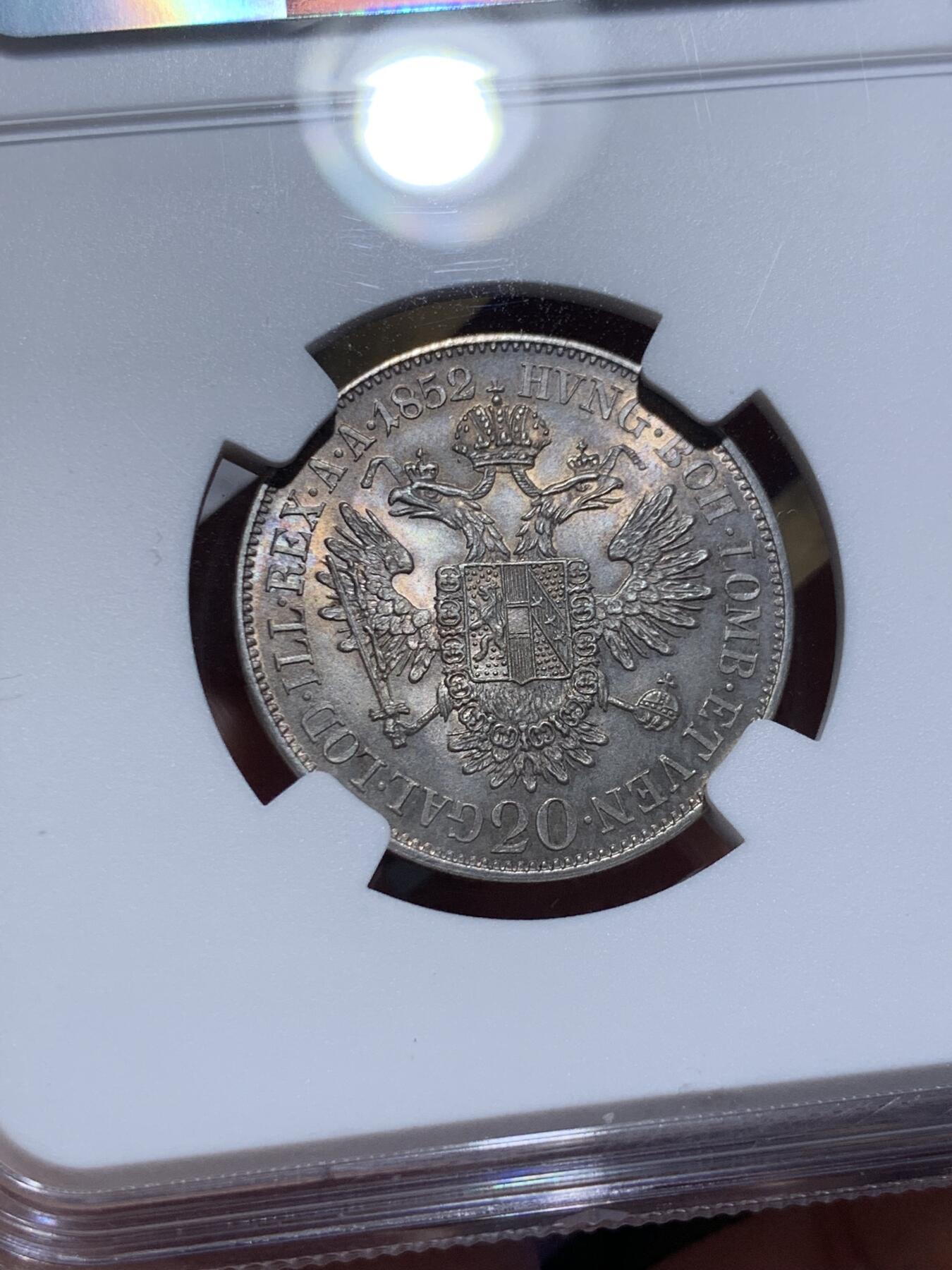 《竞宝斋》第418场 周日，周一，2场连拍 （全场包邮） NGC MS65 奥地利 1852年 20克鲁泽银币 左相单年版 近乎完美的状态 给分感觉还是不够大胆 今年5月欧拍 XF-AU的裸币4000多成交 C版的裸币昆克去年1万多成交 这个状态一枚便是所有