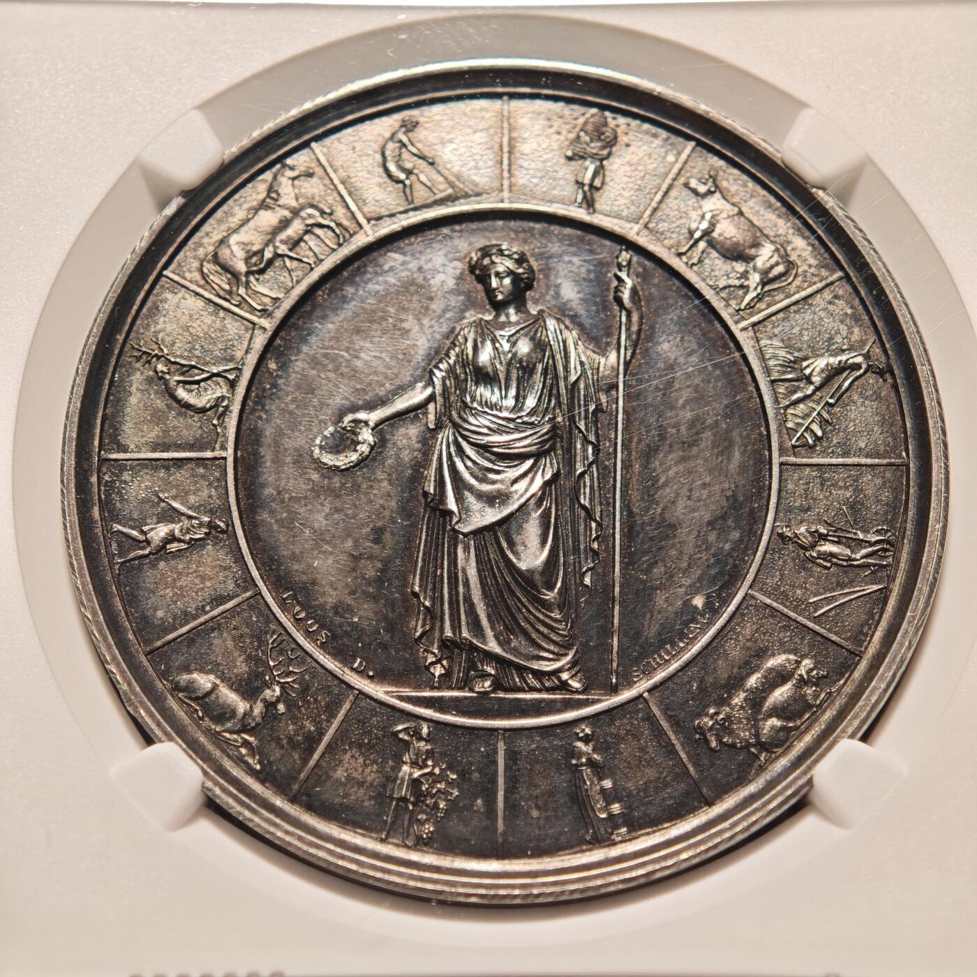 【德藏】世界币章拍卖第146期（拍品征集中~欢迎藏友联系） 19世纪 德国勃兰登堡农业博览会纪念银章 名家LOOS作品 NGC MS61 原味老包浆 状态极佳 细节极其丰富 立体感极强