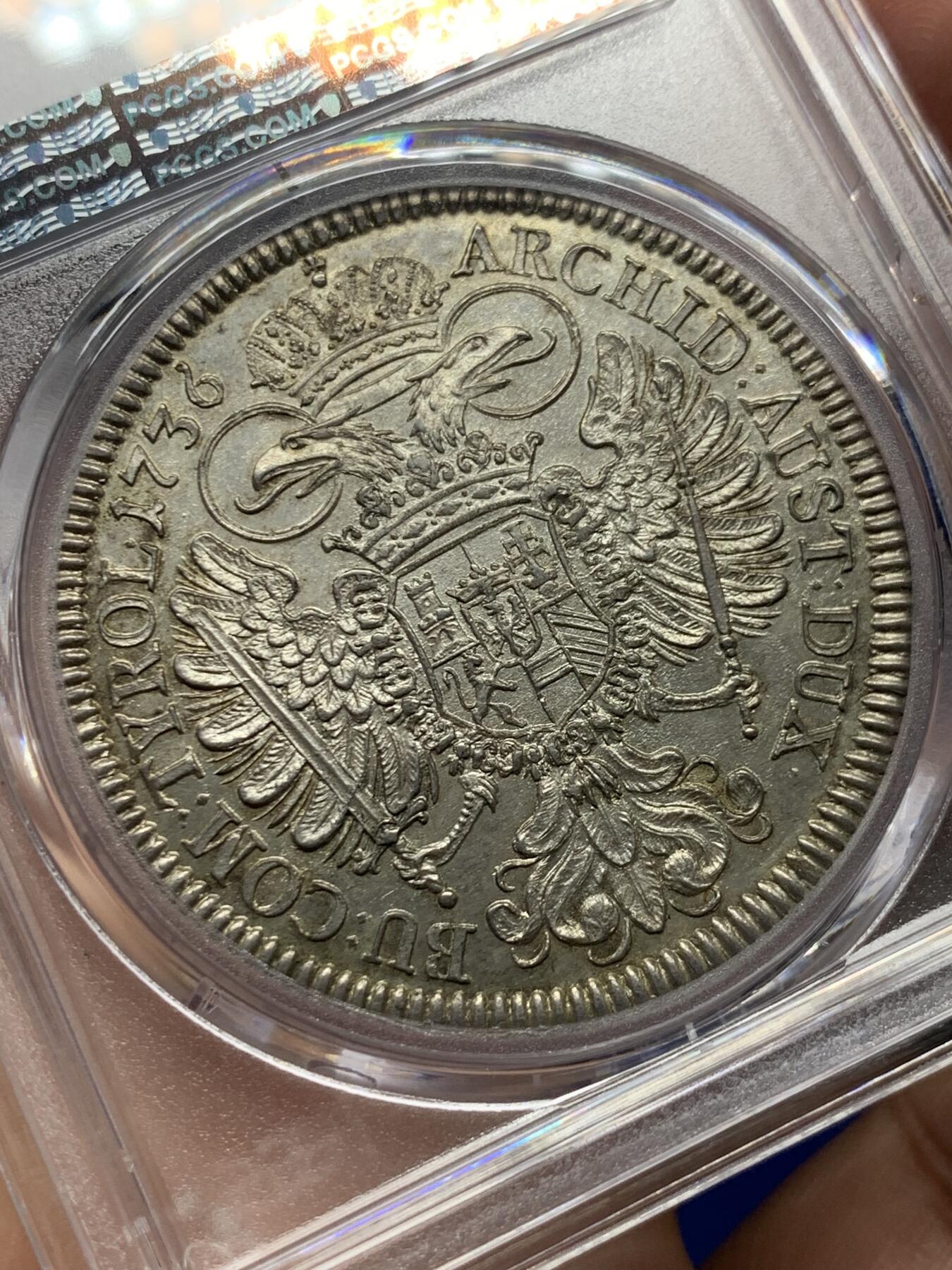 《竞宝斋》第418场 周日，周一，2场连拍 （全场包邮） PCGS MS61 神圣罗马帝国-奥地利1736年卡尔六世1泰勒大银币 深打光亮 确实有低评了 状态见图