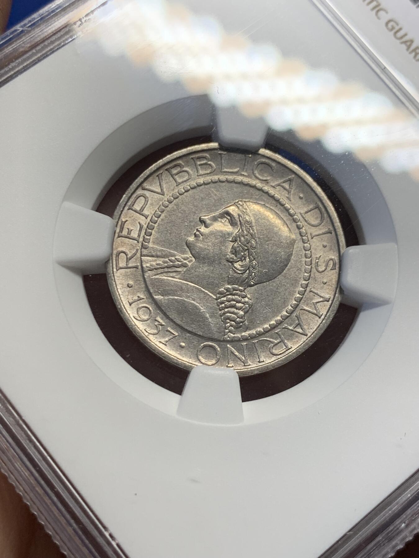 《竞宝斋》第418场 周日，周一，2场连拍 （全场包邮） NGC UNC 1937年圣马力诺5里拉银币