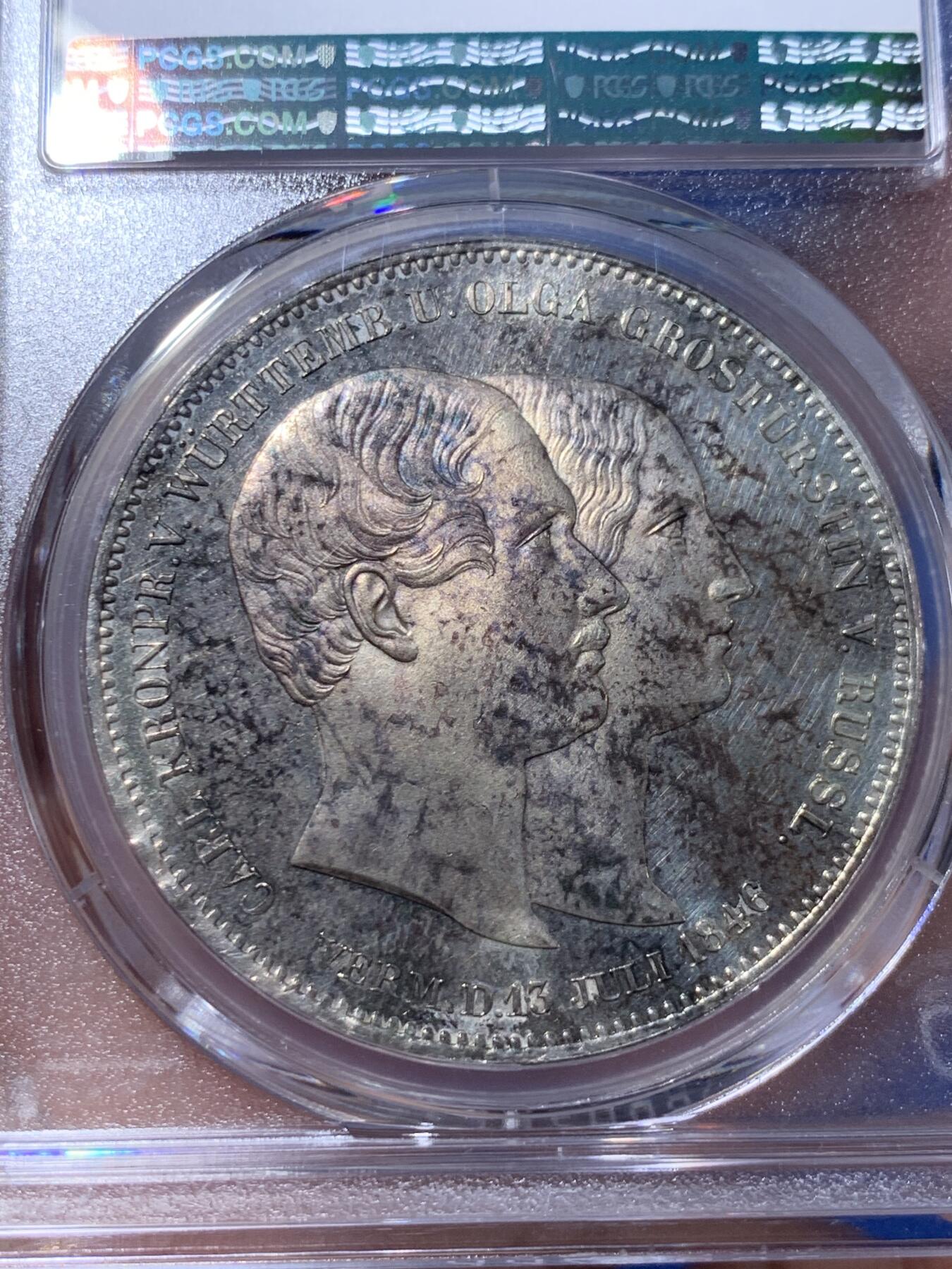 《竞宝斋》第418场 周日，周一，2场连拍 （全场包邮） 唯一亚军分 PCGS MS62PL 德国 1846 符腾堡  结婚纪念 2泰勒银币 首见PL标签  总发行量5808枚 能上PL的更是稀少