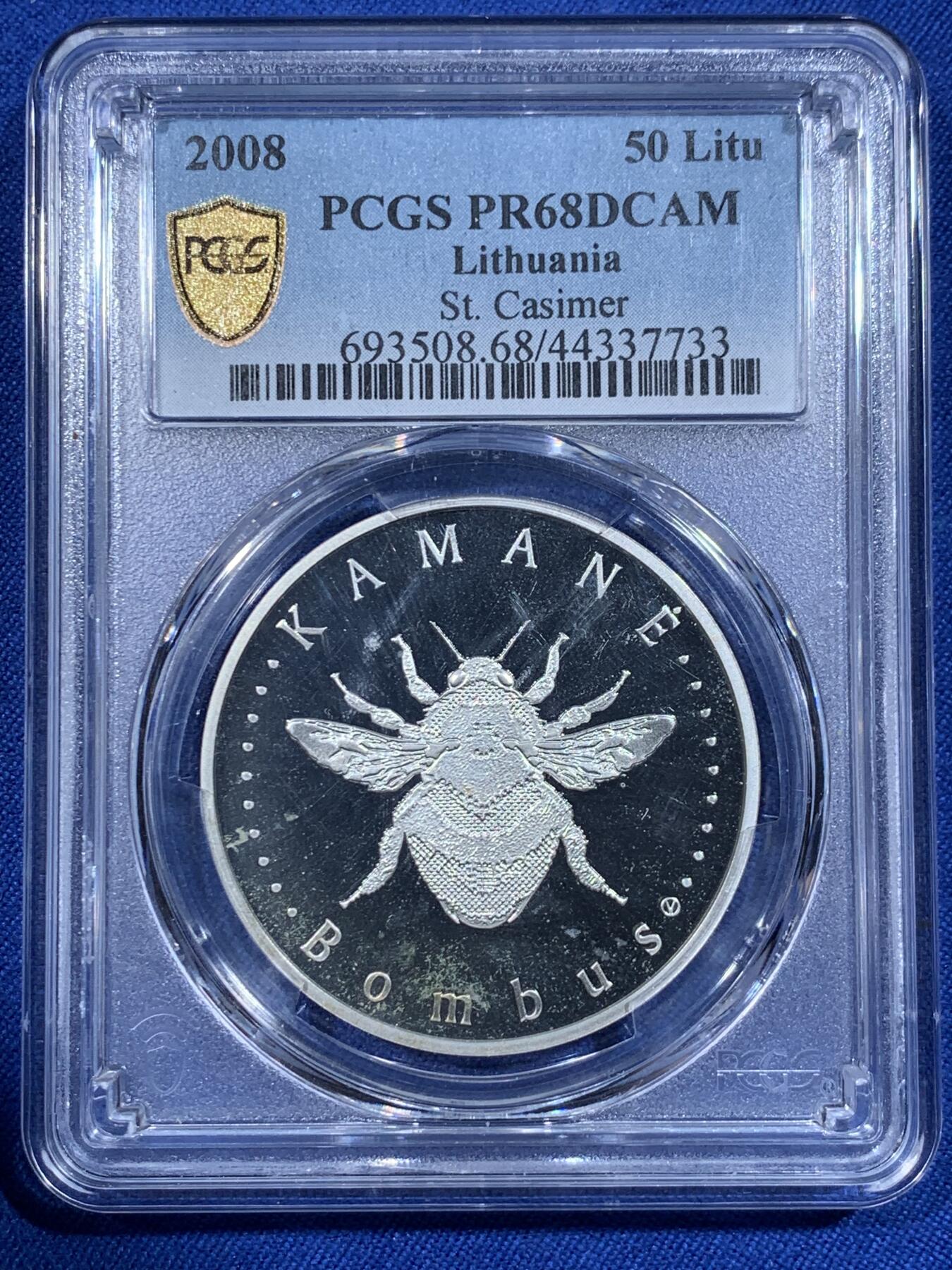 《竞宝斋》第418场 周日，周一，2场连拍 （全场包邮） PCGS PR68DCAM 立陶宛2008年大黄蜂50立特银币 925银 28.28克