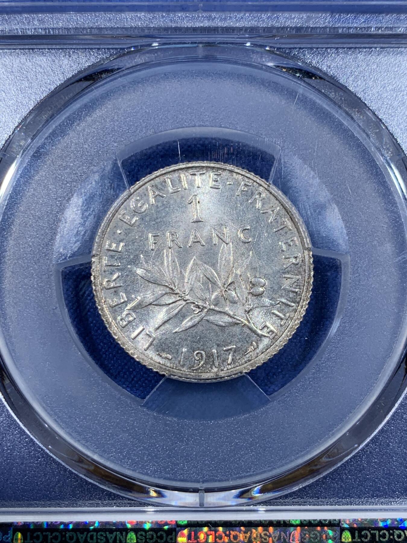 《竞宝斋》第418场 周日，周一，2场连拍 （全场包邮） PCGS MS63 法国1917年播种女神1法郎银币