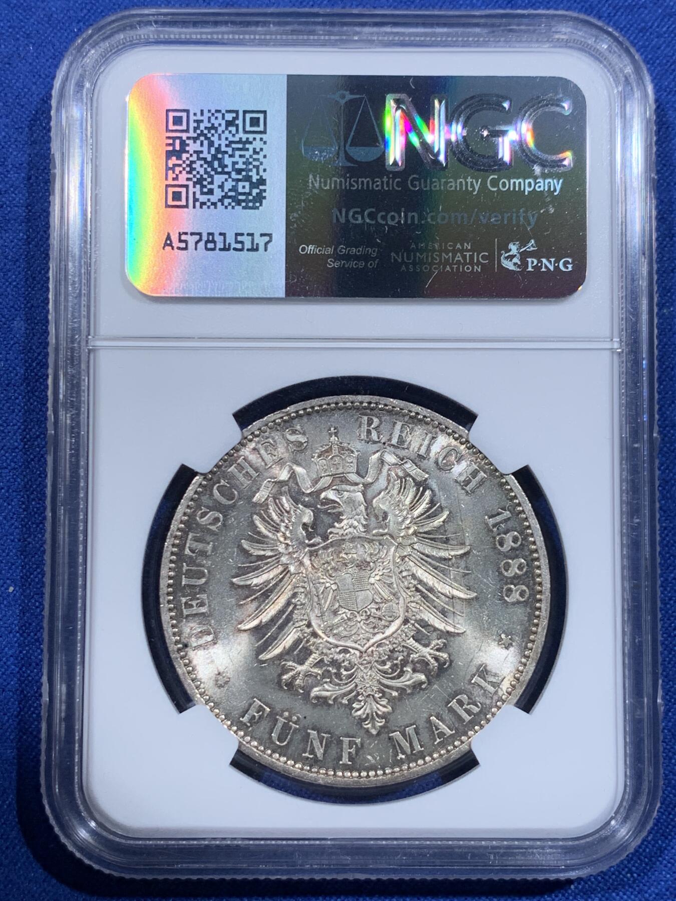 《竞宝斋》第418场 周日，周一，2场连拍 （全场包邮） NGC MS64 德国 1888 A 普鲁士 弗里德里希三世 5马克 包浆很舒服 弗三上63常见，64分不易