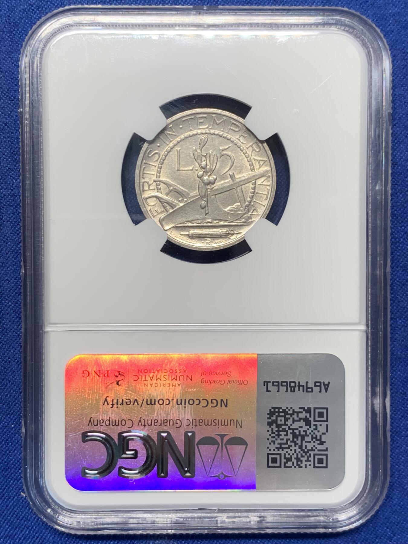 《竞宝斋》第418场 周日，周一，2场连拍 （全场包邮） NGC UNC 1937年圣马力诺5里拉银币