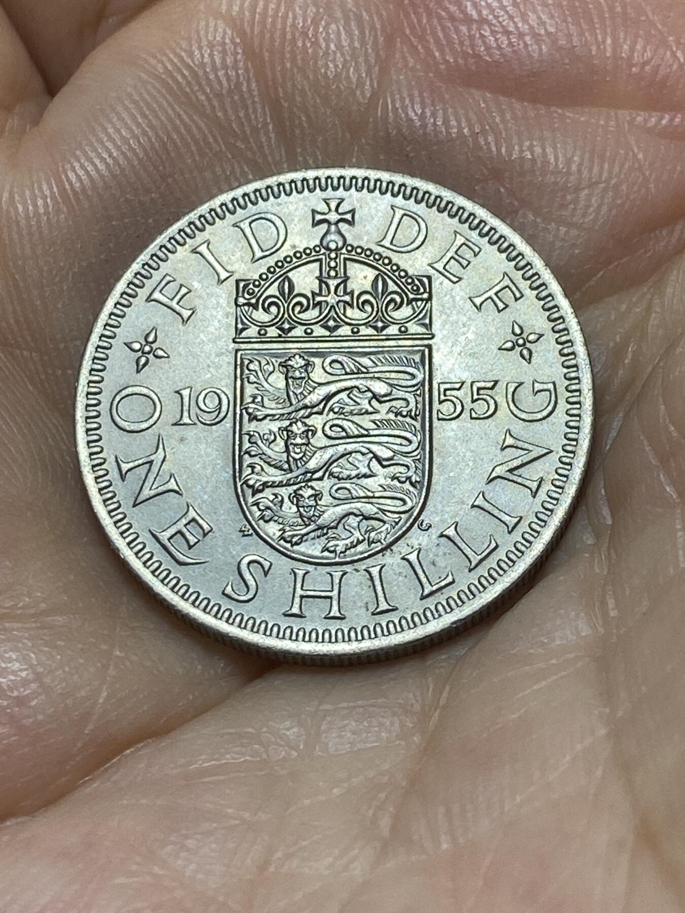 2025年第九十场(总第一百一十六场）外国好品散币(免佣金) 英国🇬🇧1955年1先令(伊丽莎白二世青年桂冠，第二版早期年份，英格兰盾徽)