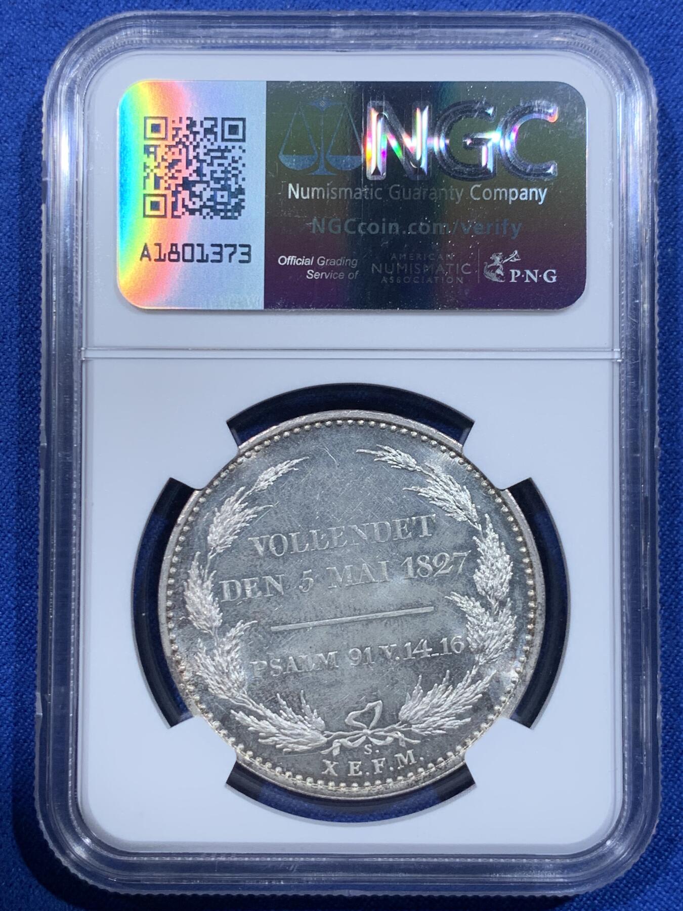 《竞宝斋》第418场 周日，周一，2场连拍 （全场包邮） 更高分仅2枚 NGC MS64 德国 1827年 德国萨克森国王之死 纪念泰勒大银币 PL底板 观感极好