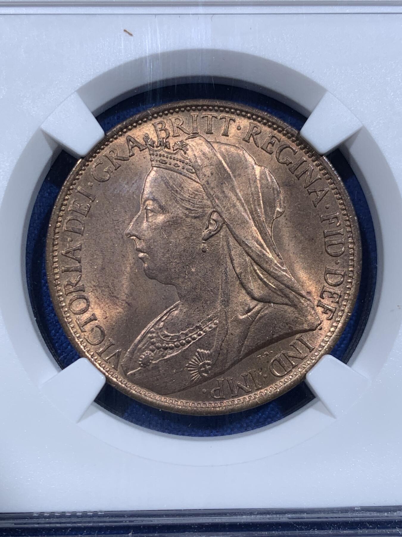 《竞宝斋》第418场 周日，周一，2场连拍 （全场包邮） NGC MS64RB 英国1897年维多利亚披纱1便士低海版，车轮光超级状态