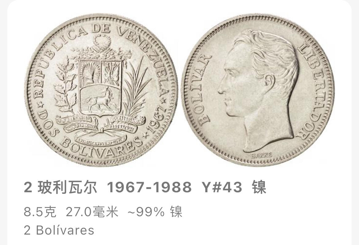 回流钱币0913 委内瑞拉1967年2玻利瓦尔镍币