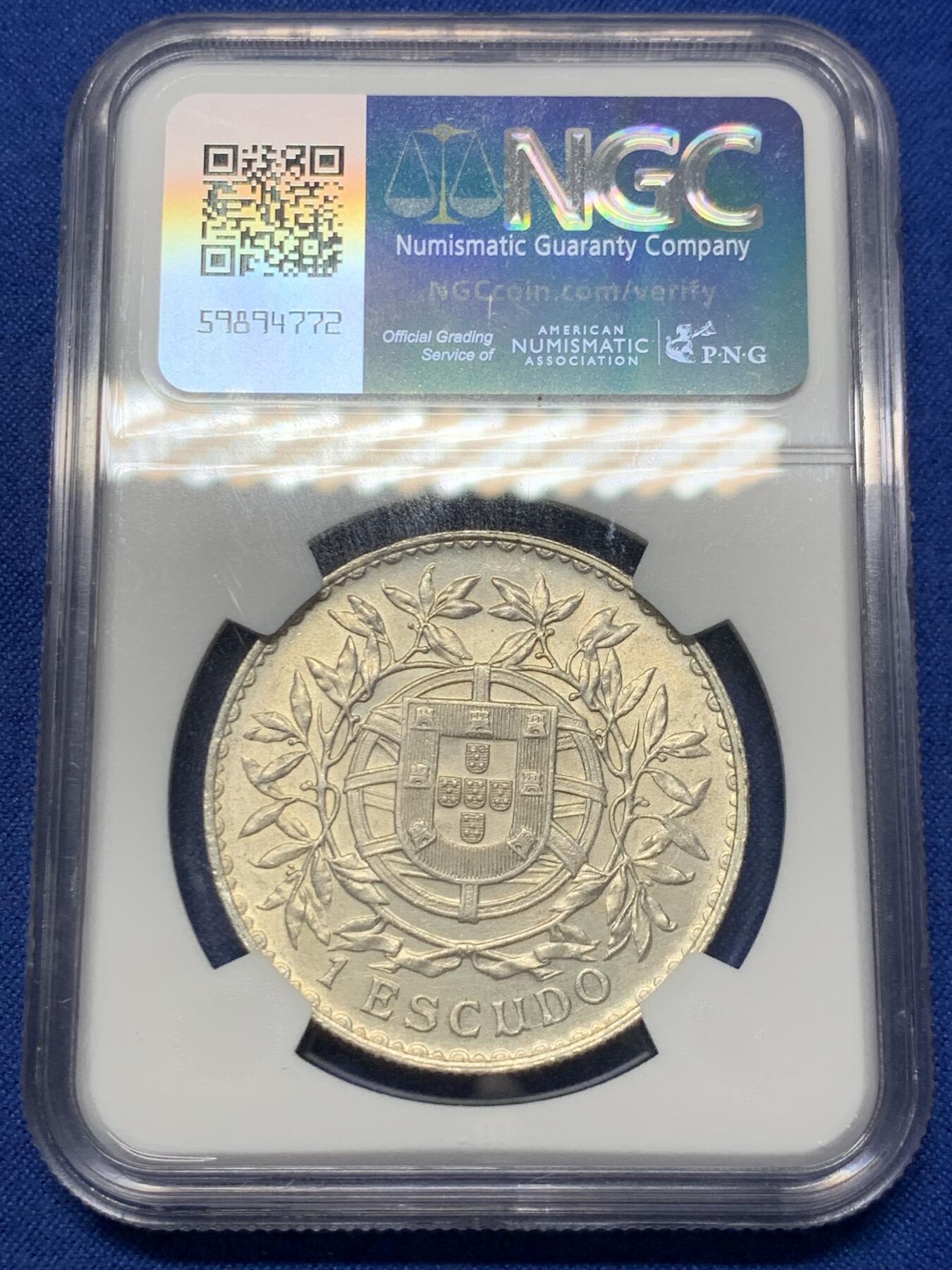 《竞宝斋》第418场 周日，周一，2场连拍 （全场包邮） NGC UNCD 葡萄牙1916年女神1埃斯库多大银币 状态佳
