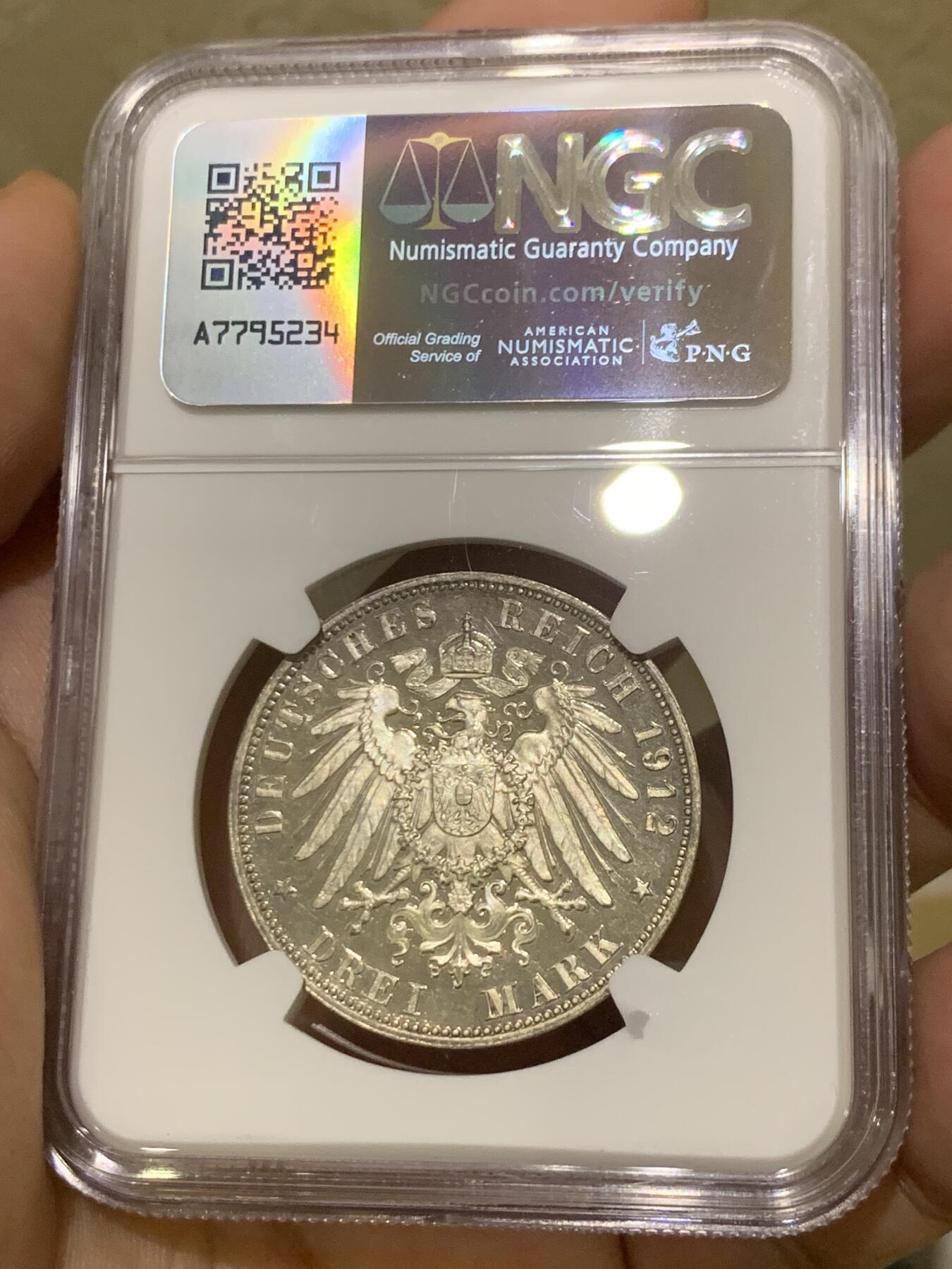 《竞宝斋》第418场 周日，周一，2场连拍 （全场包邮） 唯一冠军分 NGC PF65CAMEO 德国 1912 萨克森 精制3马克银币 美丽无以复加