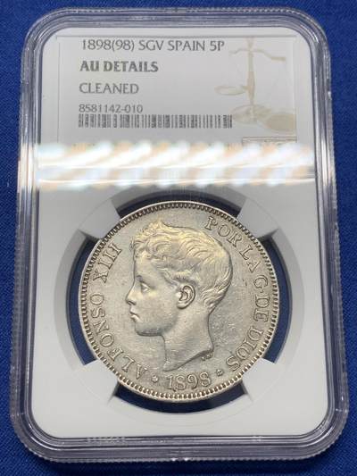 《竞宝斋》第418场 周日，周一，2场连拍 （全场包邮） - NGC AUD 西班牙1898年阿方索十三世小孩头5比塞塔双柱银币