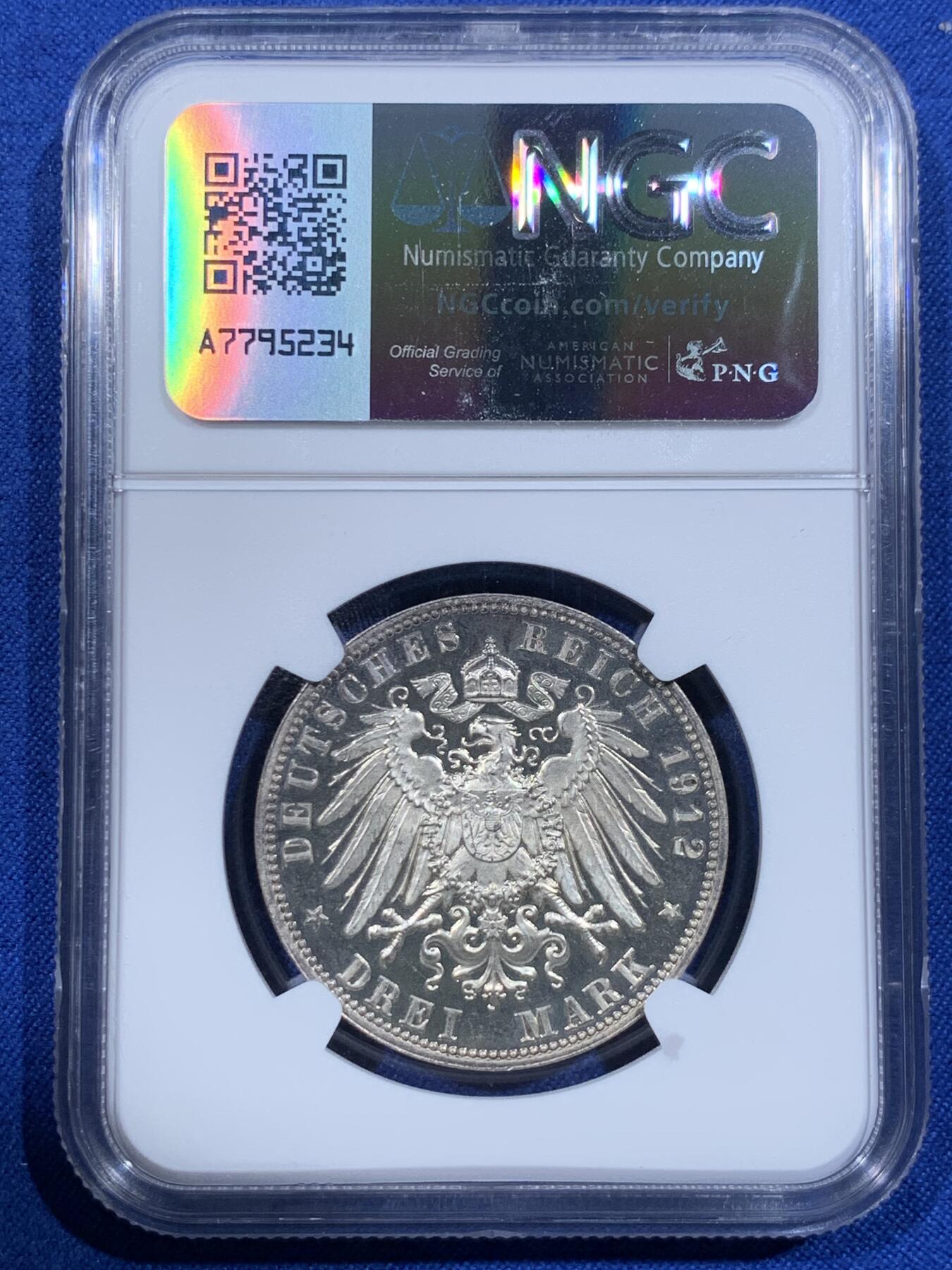 《竞宝斋》第418场 周日，周一，2场连拍 （全场包邮） 唯一冠军分 NGC PF65CAMEO 德国 1912 萨克森 精制3马克银币 美丽无以复加