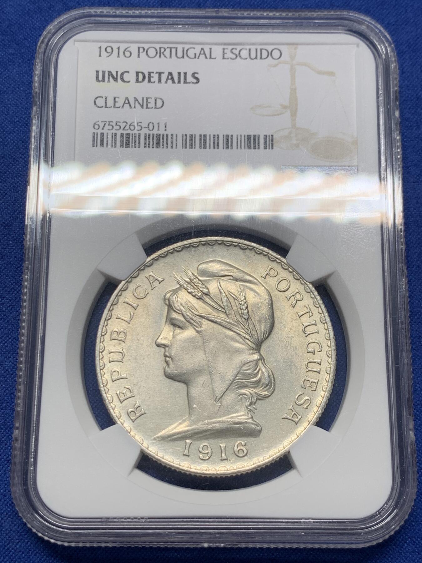 《竞宝斋》第418场 周日，周一，2场连拍 （全场包邮） NGC UNCD 葡萄牙1916年女神1埃斯库多大银币 状态佳