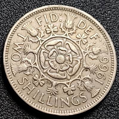 泉币菌-第109场-精品福利场 - 英国早期1966年2先令老镍币 伊丽莎白二世青年女王头像 28.3MM