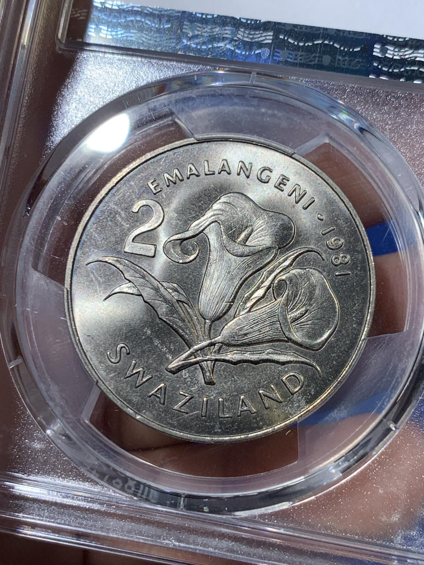 《竞宝斋》第418场 周日，周一，2场连拍 （全场包邮） PCGS MS66 斯威士兰1981年2里兰吉尼纪念币 发行量仅5万 少见！亚军分 更高分只有一枚