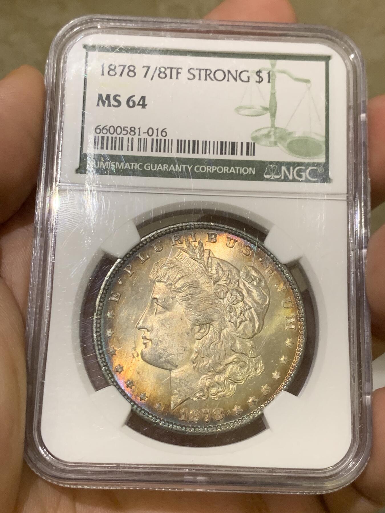 《竞宝斋》第418场 周日，周一，2场连拍 （全场包邮） NGC MS64 摩根 1878 7/8 鹰尾羽毛复打 麦稀奇首见版别 正面环状五彩包浆 相当难得的品相与品种