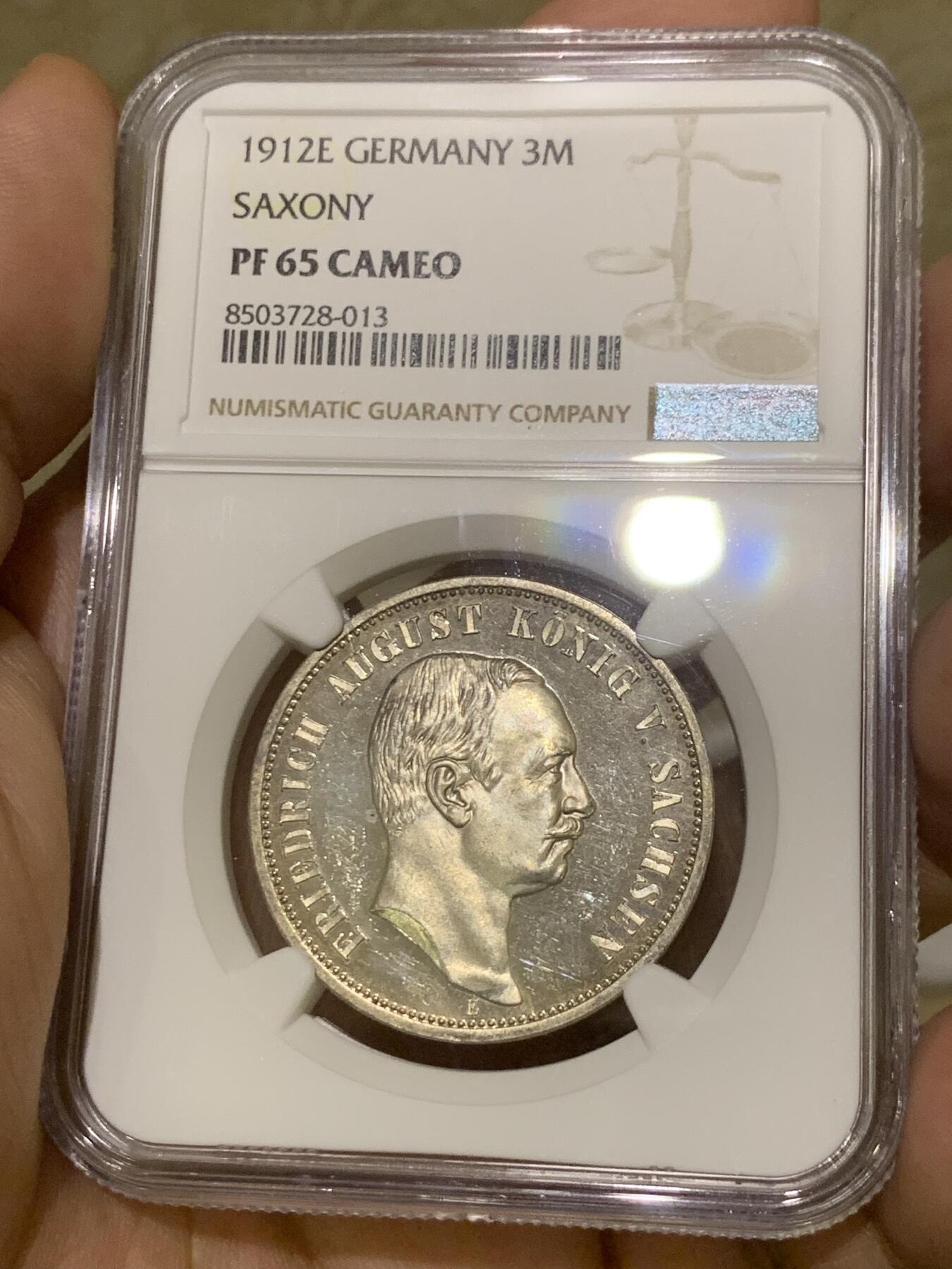 《竞宝斋》第418场 周日，周一，2场连拍 （全场包邮） 唯一冠军分 NGC PF65CAMEO 德国 1912 萨克森 精制3马克银币 美丽无以复加