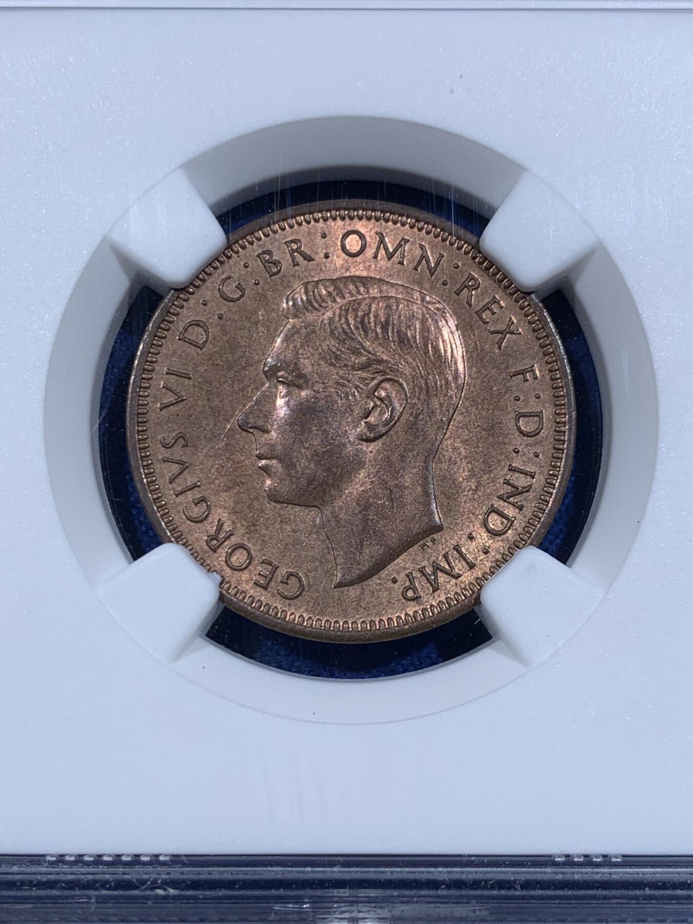 《竞宝斋》第418场 周日，周一，2场连拍 （全场包邮） NGC MS64RB 英国1944年半便士，高分好状态。