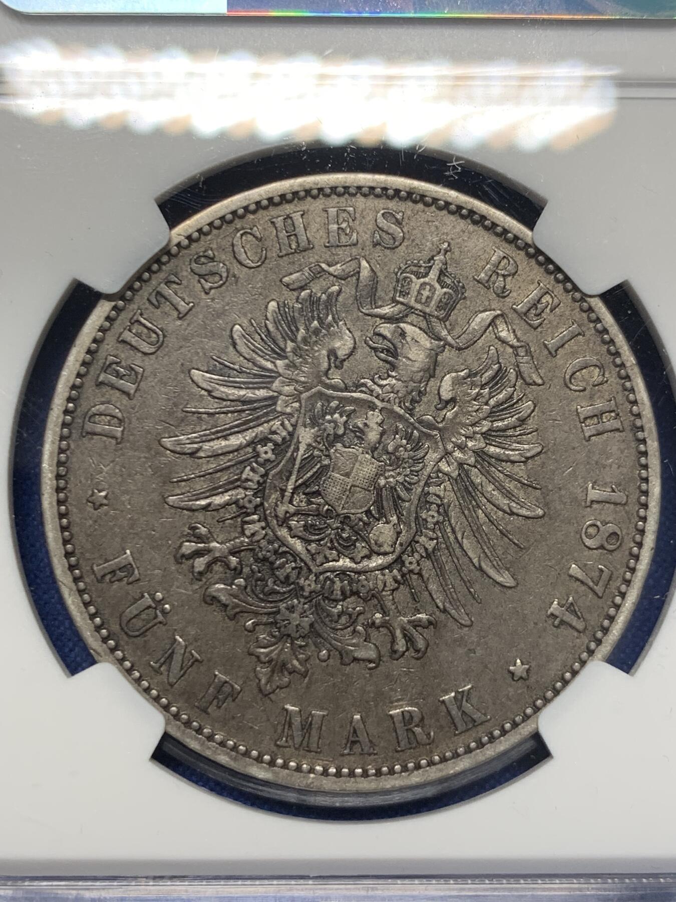 《竞宝斋》第418场 周日，周一，2场连拍 （全场包邮） NGC XF45 德国 1874 A 普鲁士 威廉一世 5马克 原味包浆 看着很舒服