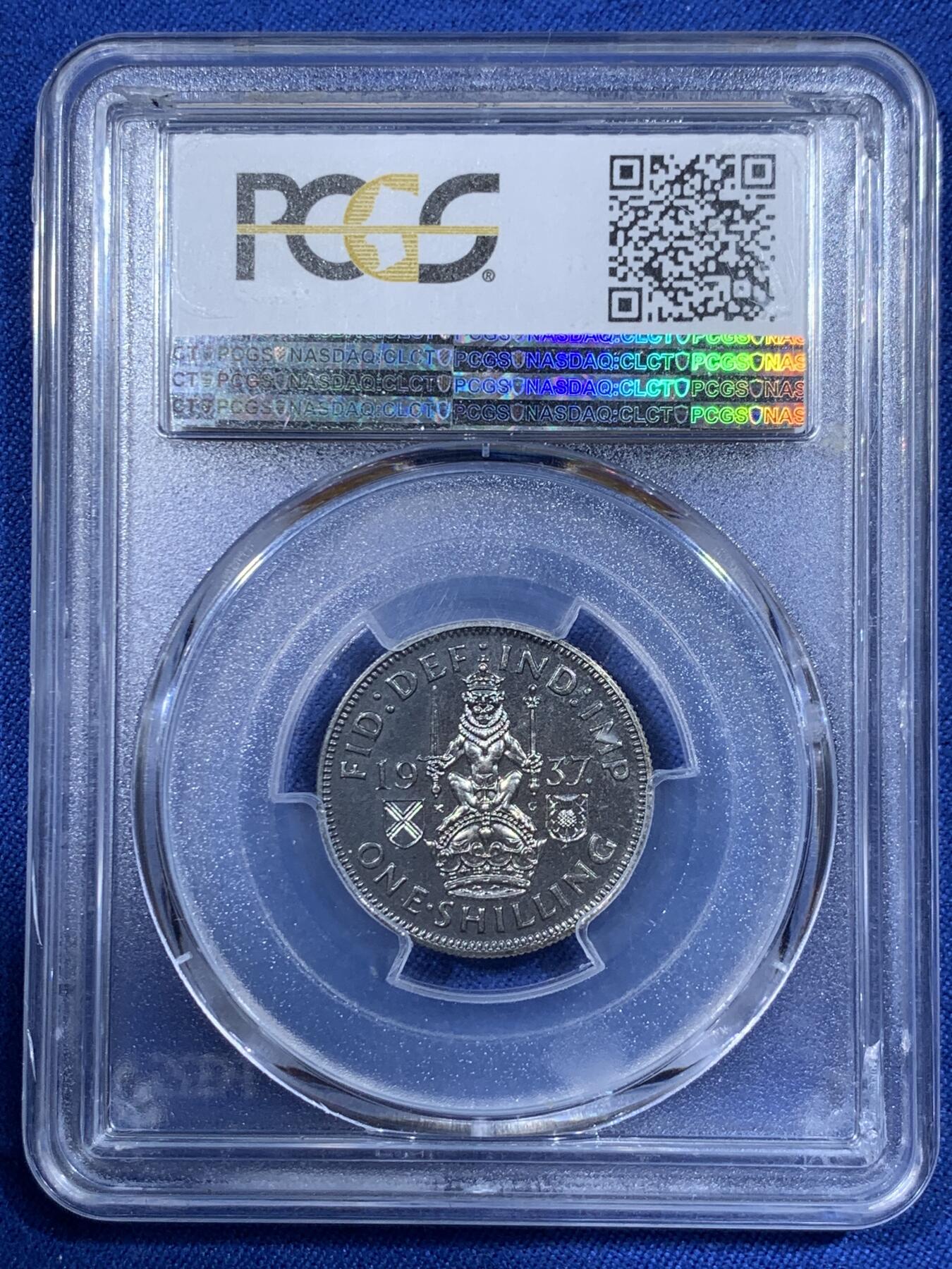 《竞宝斋》第418场 周日，周一，2场连拍 （全场包邮） PCGS PR65 英国1937年乔治六世精制镜面1先令英格兰坐狮版官网有大图，盒子支撑有点小磕