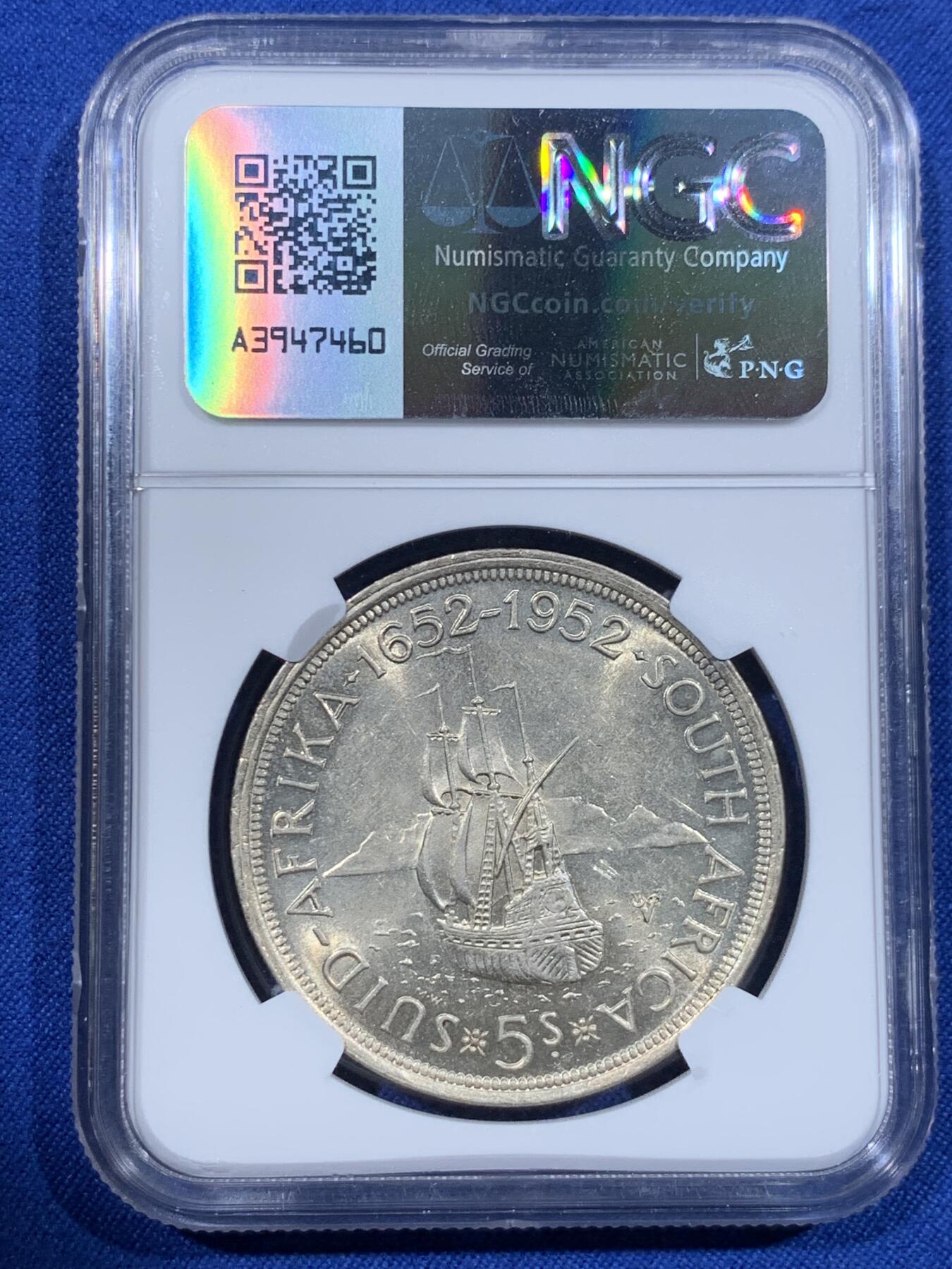 《竞宝斋》第418场 周日，周一，2场连拍 （全场包邮） NGC MS61 英属南非1952年发现开普敦建城300周年5先令银币